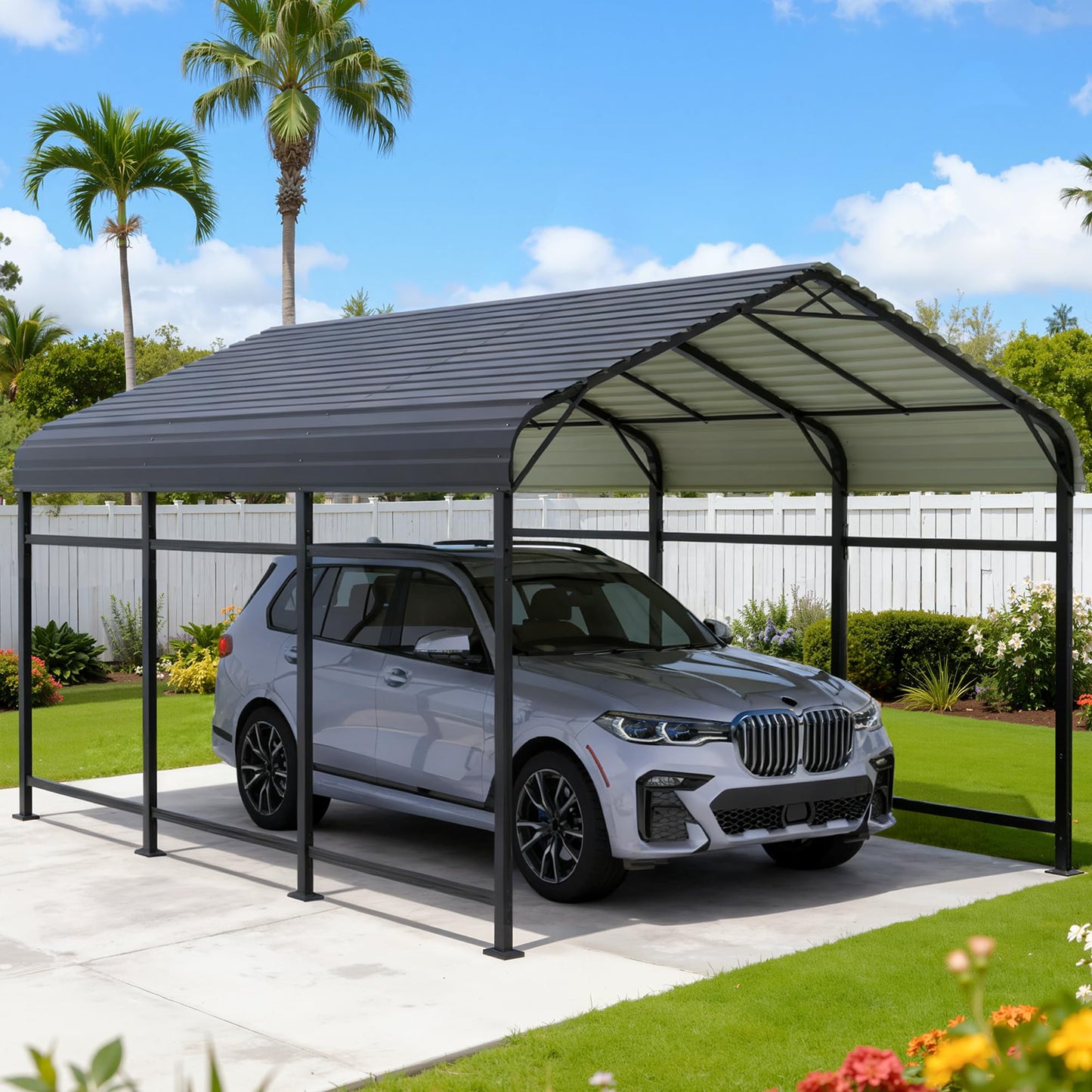 Greesum 10x15FT Metal Carport with Heavy Duty Frame and Galvanized Steel Roof, Round Carports with Side Support Rods, Canopy Shelter for Car, Pickup Trucks, Boats, Party, Gray