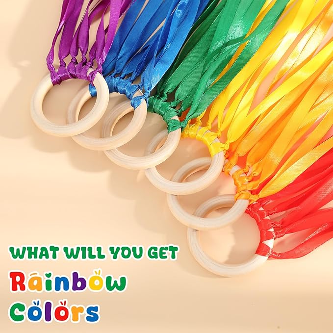 Deekin 12 Pcs Rainbow Ribbon Wooden Waldorf Toys Creative Waldorf Hand Kite Set Streamers with Wood Ring Sensory Learning Educational Toy for Playroom Dancing Birthday(Stylish Color)