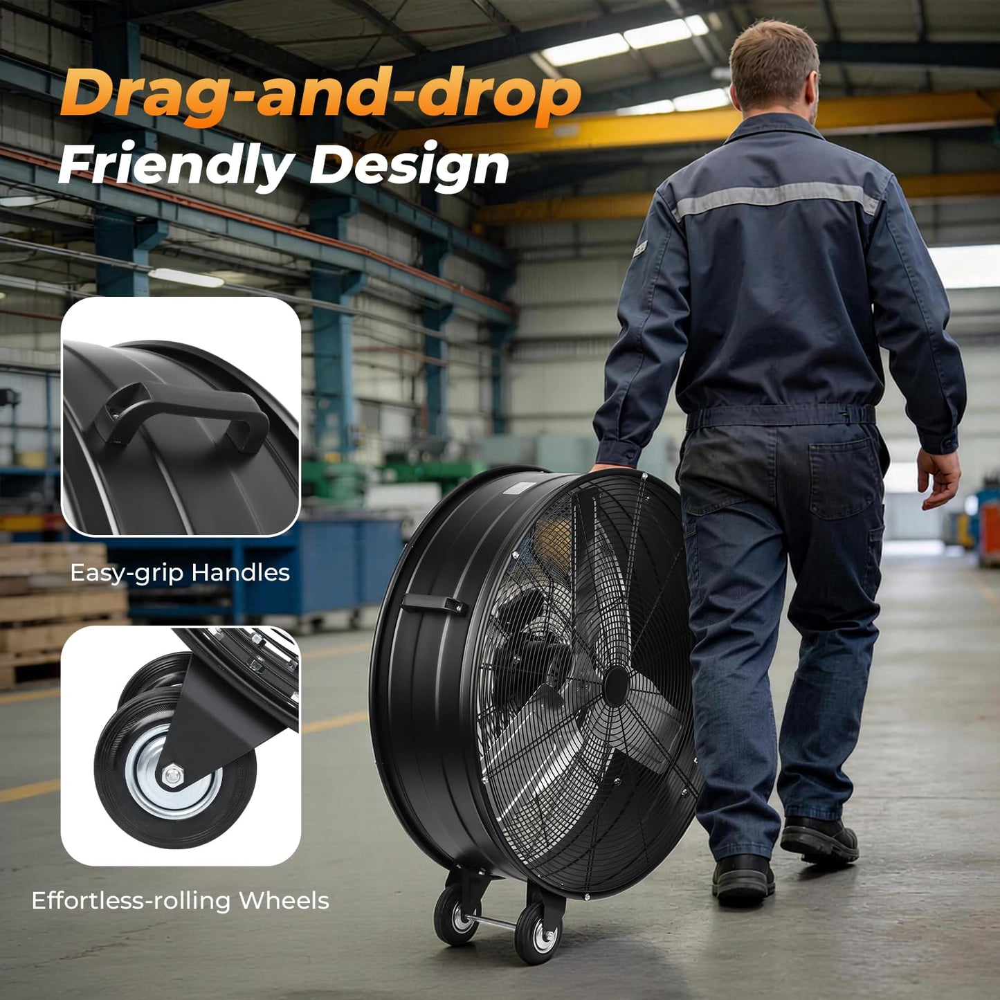 Zevemomo 30 Inch High Velocity Industrial Fan, 13520 CFM, 2-Speed, Metal Drum Fan Floor Shop Floor Fans Heavy Duty, Powerful Cooling for Garage, Workshop, Warehouse, Gym (Black)