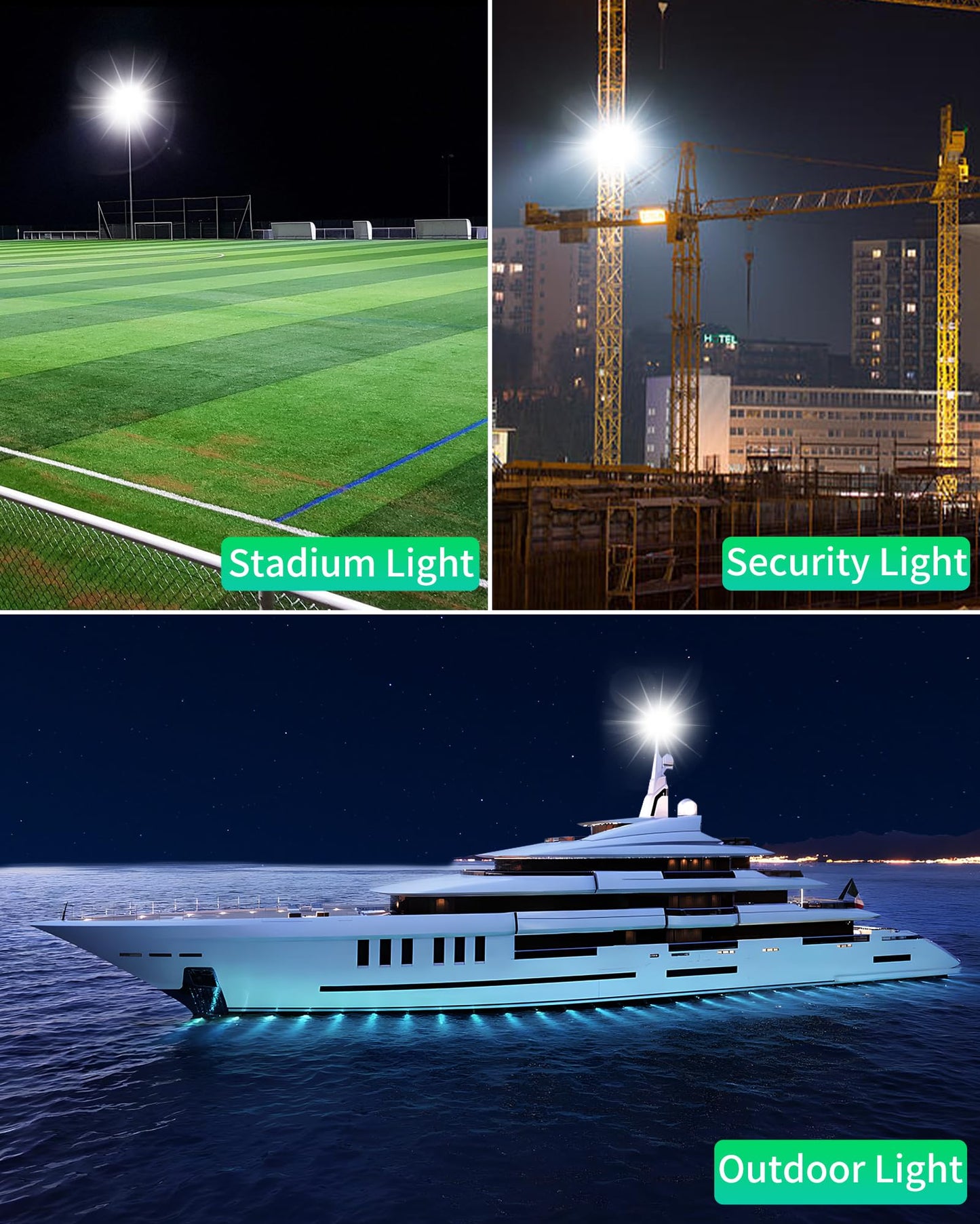 ISUERFY 500W LED Flood Light Outdoor with Plug+10ft Cable, 60000LM Ultra Brighter 5000K Exterior Security Light, IP66 Waterproof Commercial Lighting for Sports Fields Counts Arena Stadium(2 Pack)