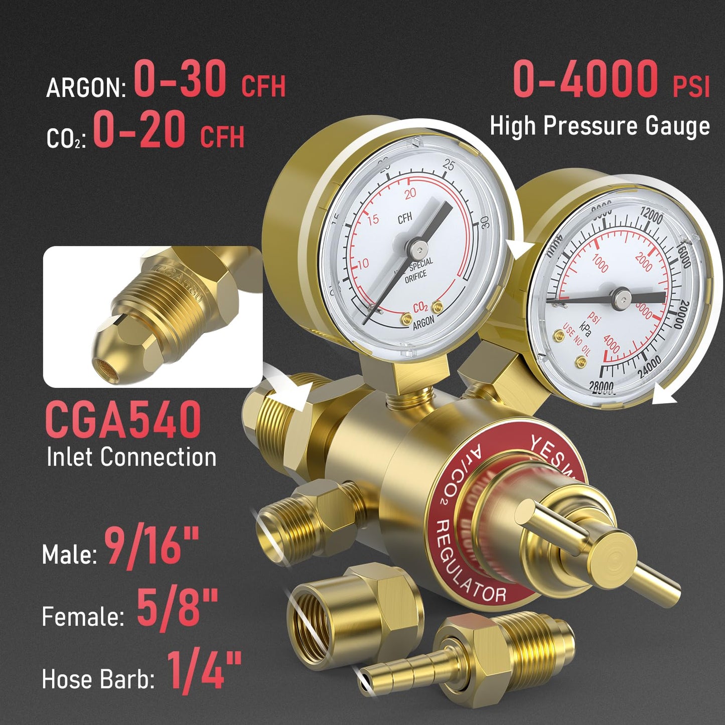 YESWELDER Argon CO2 Regulator with 8.2FT Hose 0-4000 PSI Gauges Gas Welding Regulator for MIG and TIG, CGA580 Inlet Connection