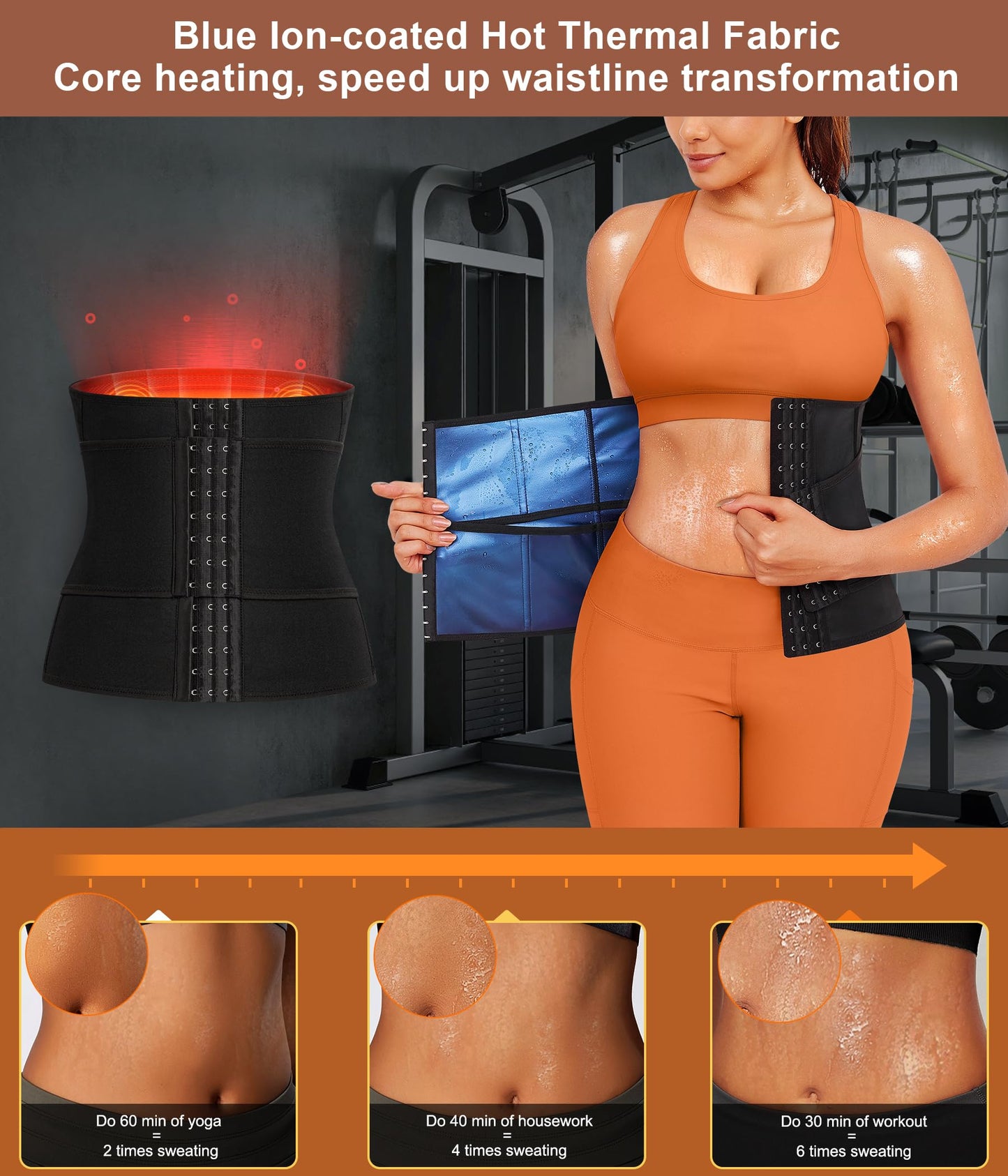 TrainingGirl Waist Trainer for Women Belly Working Out Trimmer Corset Sauna Sweat Belt Band Stomach Wrap Body Shaper Fajas (Black-Blue inner, X-Large)