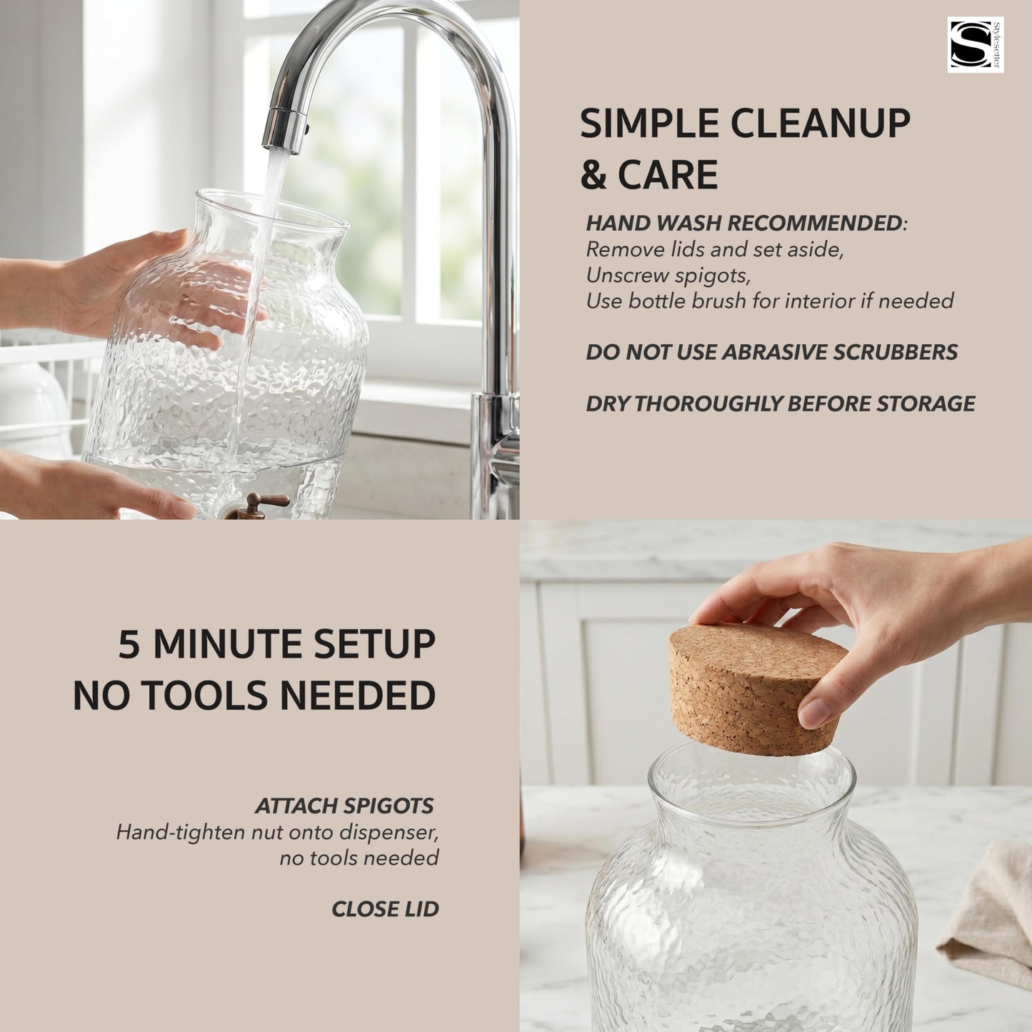 Style Setter Beverage Dispenser Cold Drink Dispenser w/ 2.7 Gallon Capacity Glass Jug, Cork Lid & Leak-Proof Acrylic Spigot, Great for Parties, Weddings & More