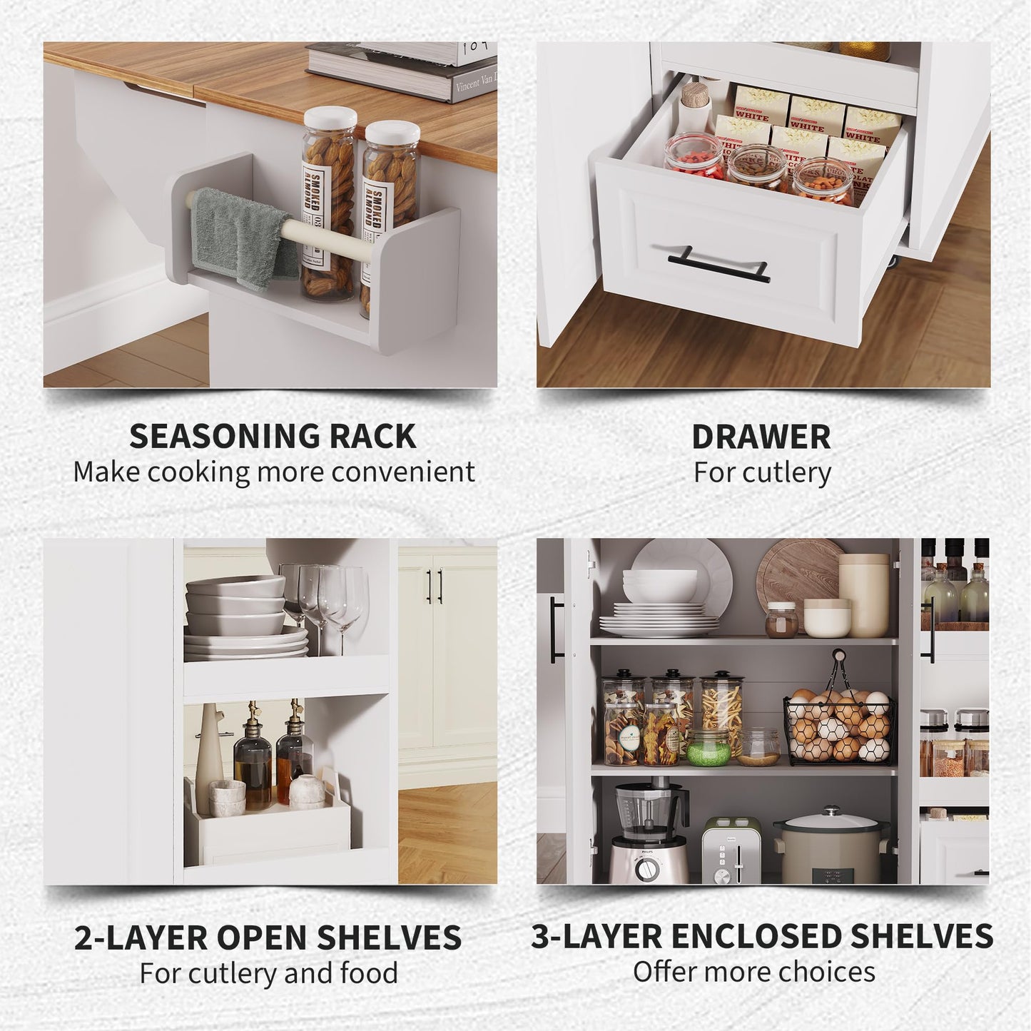 Garvee Rolling Kitchen Island on Wheels, 48'' Mobile Kitchen Cart with Drop Leaf, Butcher Block Island with Open Shelf, Drawer, Spice Rack, Wood Top, and Lockable Wheels