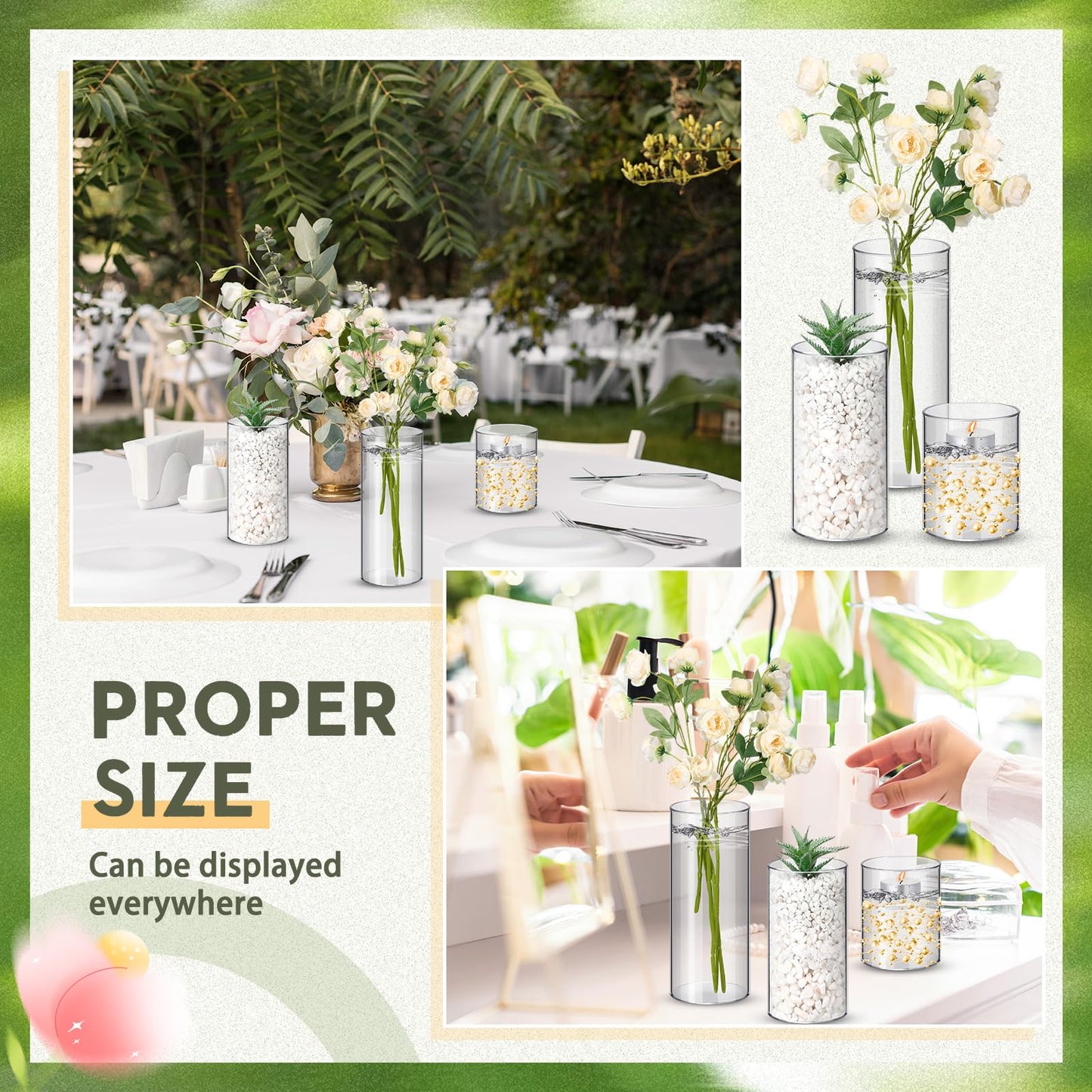 Nuogo 36 Pcs Plastic Cylinder Vases Tall Plastic Flower Vases for Centerpieces Hurricane Candle Holder for Home Wedding Office Party Formal Dinners Decorations (4''/6''/8'')