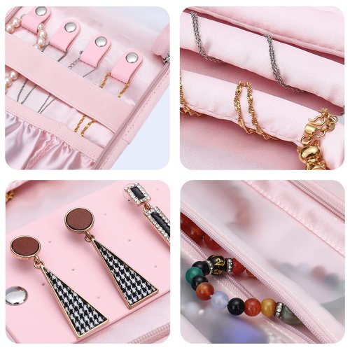 MOSISO Travel Jewelry Organizer Roll Case, Foldable Portable Jewelry Organizer Bag with Tassel for Necklace, Earrings, Rings, Bracelets and Daily Jewelries Carrying, Pink