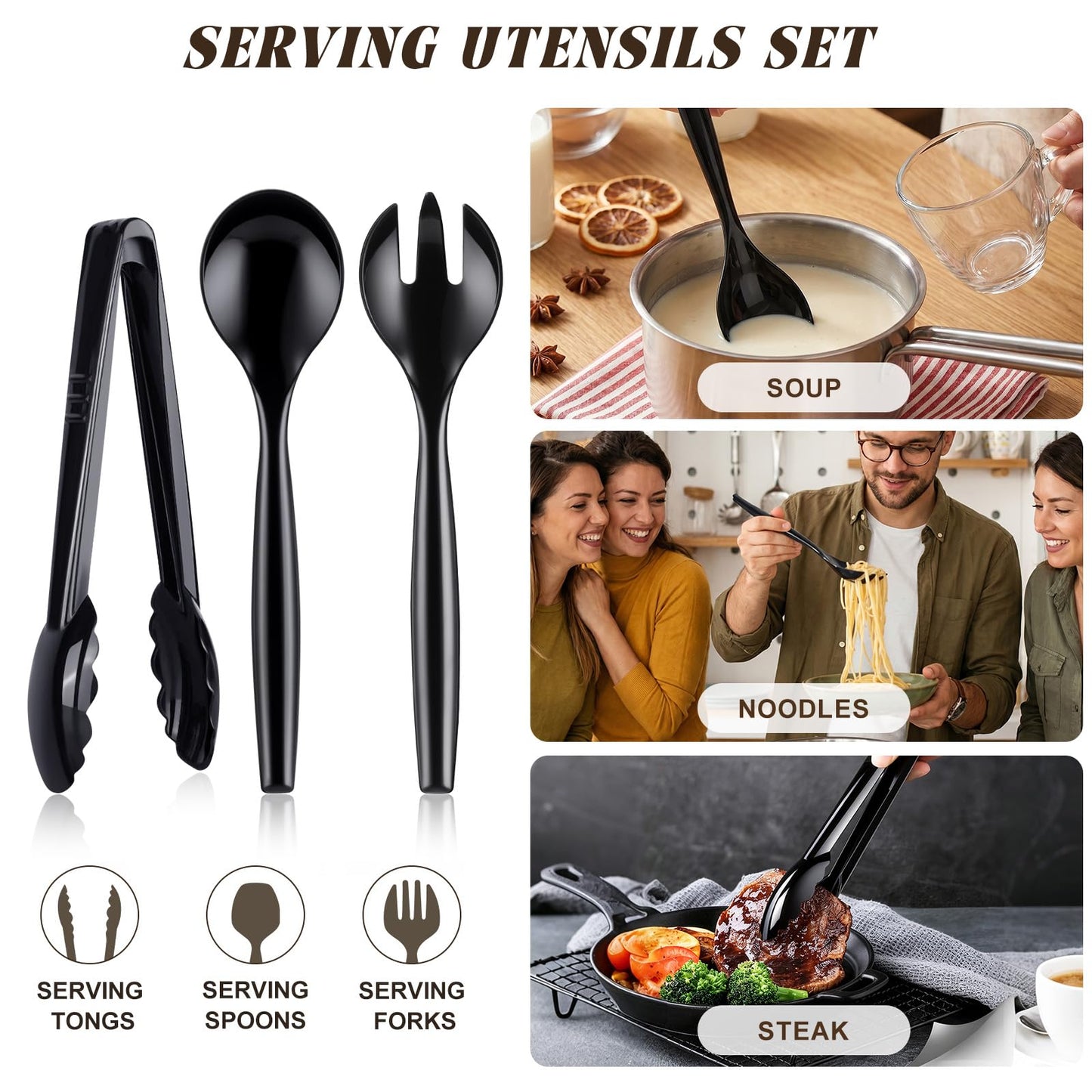 Mwellewm 18Pcs Serving Utensils, 10'' Plastic Serving Utensils Set, Disposable Serving Spoons for Buffet, Large Serving Tongs for Food, Heavy Duty Party Supplies for Salad Soup Cooking Catering(Black)