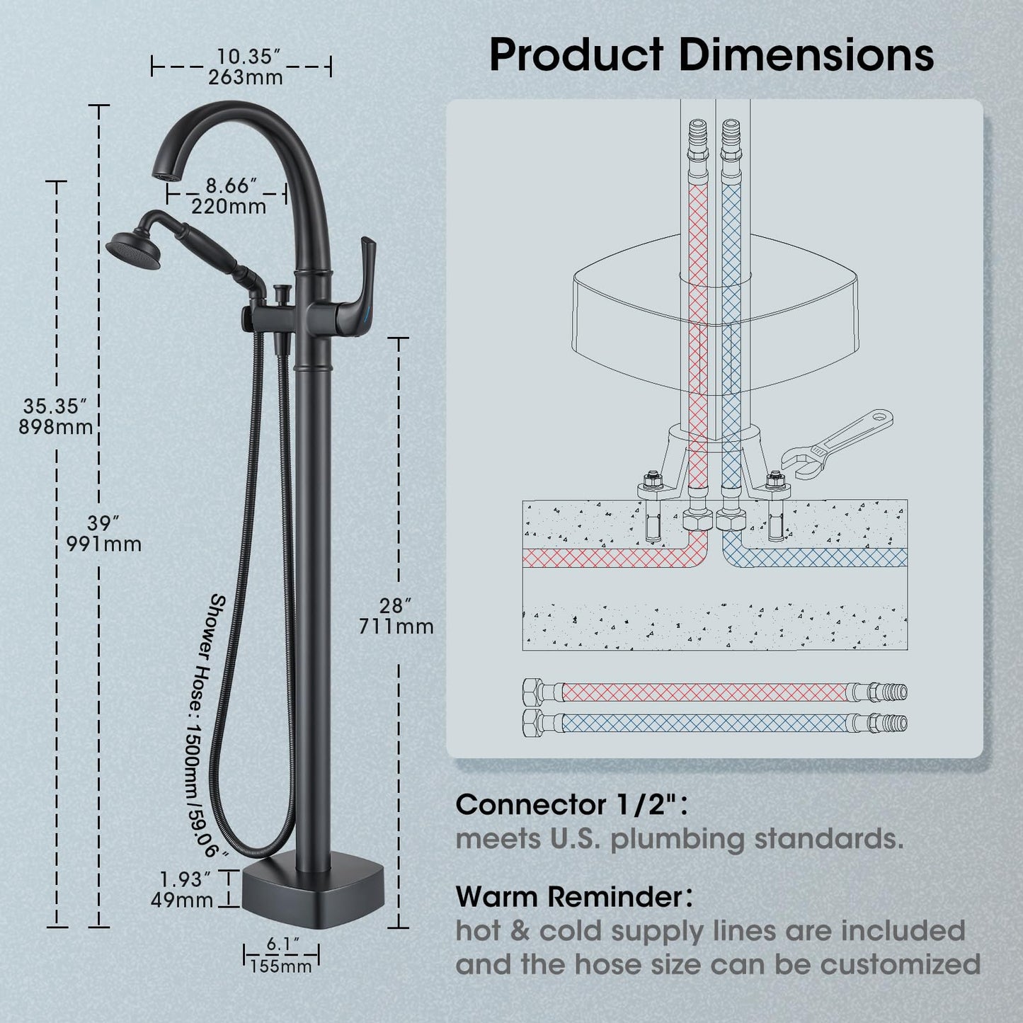 Free Standing Tub Faucet, Jabbol Luxury Freestanding Bathtub Faucet with Sprayer, Brass Bathroom Floor Mount Tub Filler, Matte Black (JB-8811BK)