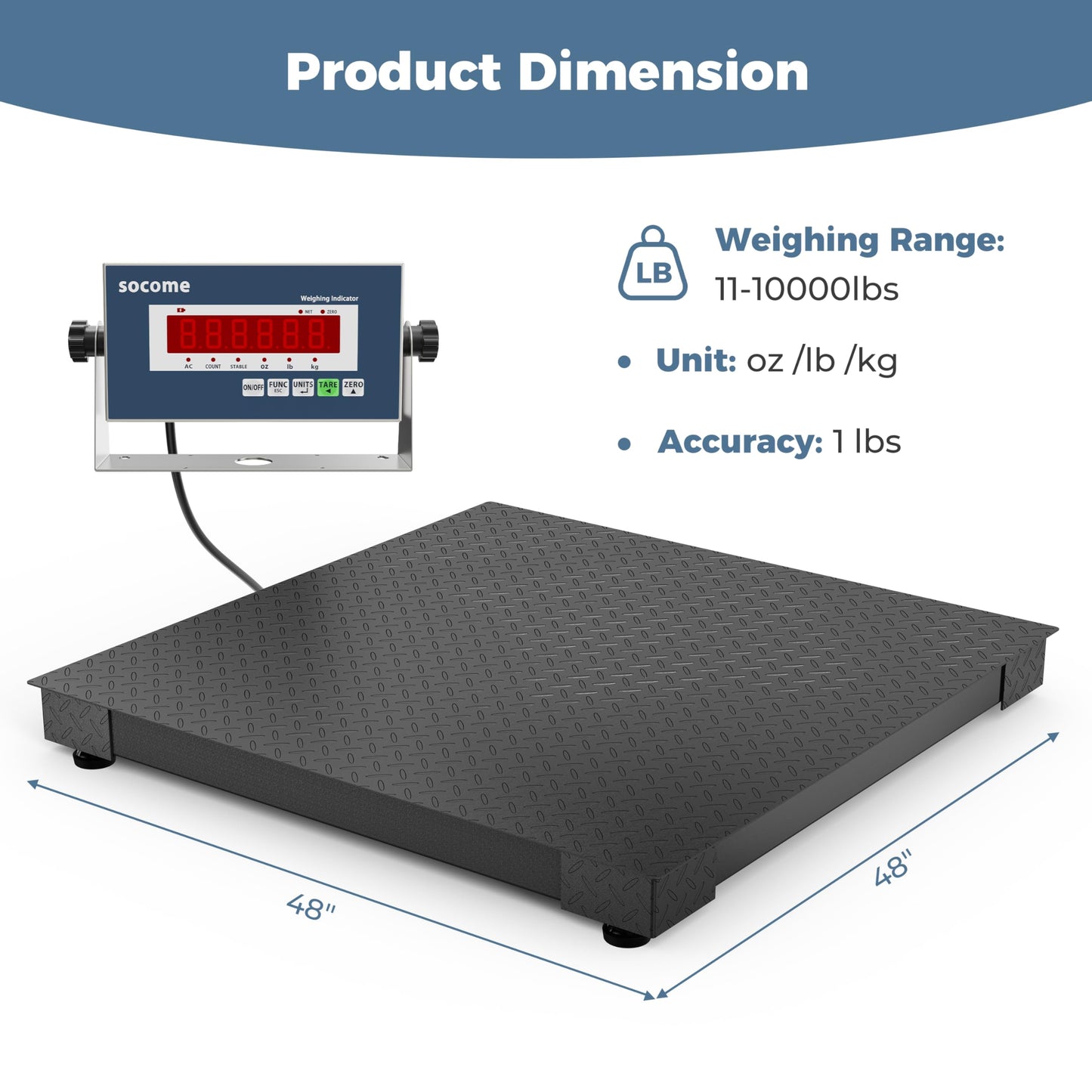 SOCOME 48"x48" Industrial Floor Scale, Professional Platform Scale with Digital Indicator, Weighing Scale for Warehouse Shipping and Industrial Use, 10000 lb x 1 lb, Black