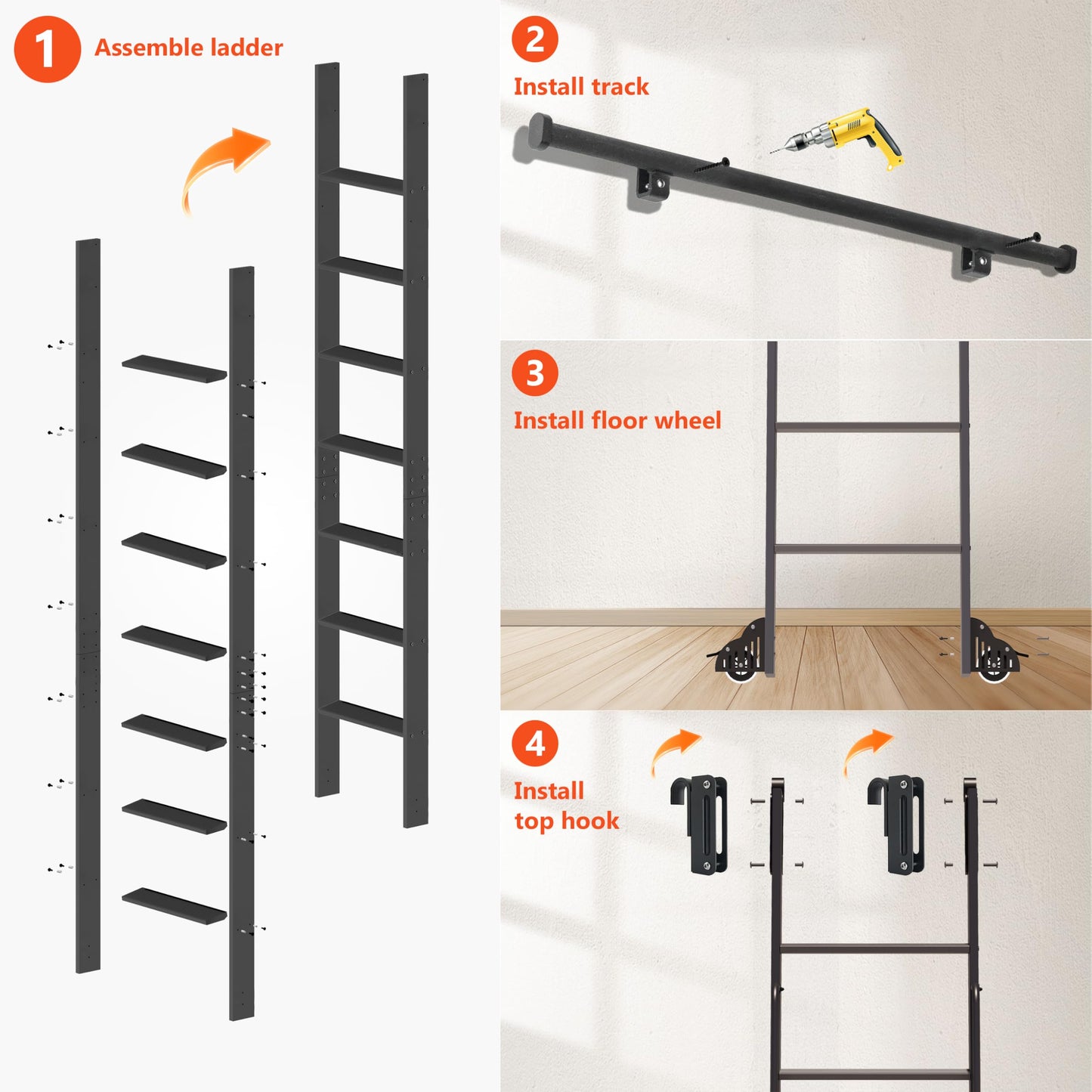 87" Sliding Library Ladder, Black +12FT Rolling Track Kit