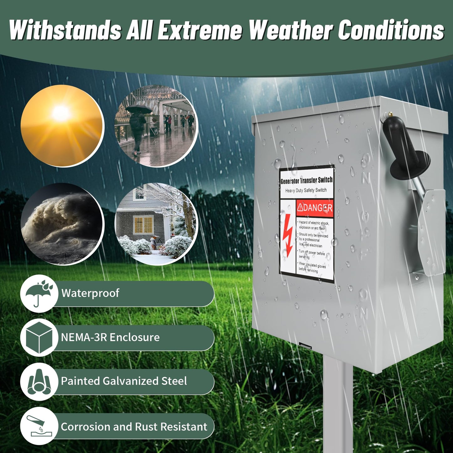 200-Amp, 3 Pole 120 V/240 V Generator Transfer Switch, 48,000 W Manual Transfer Switch for Home Generator, Meeting NEMA 3R Standards for Outdoor and Indoor General-Duty Double-Throw Safety Switches