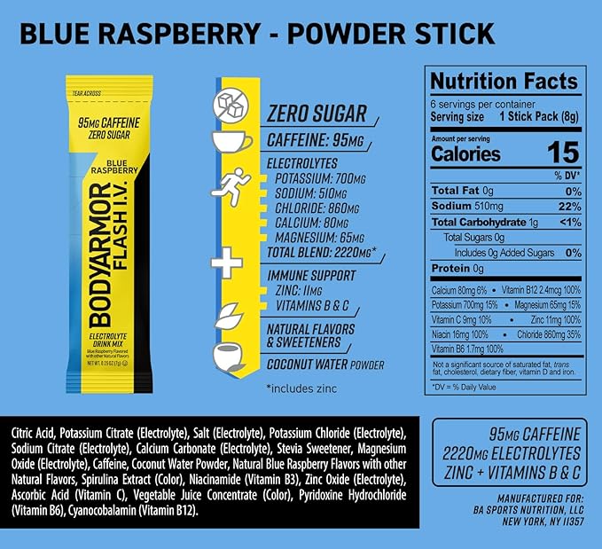 BODYARMOR Caffeinated Flash I.V. Electrolyte Packets Blue Raspberry - Zero Sugar Energy Drink Mix, Single Serve Packs, Hydration for Pre Workout, Travel Essentials, Active Lifestyle (6 Count)