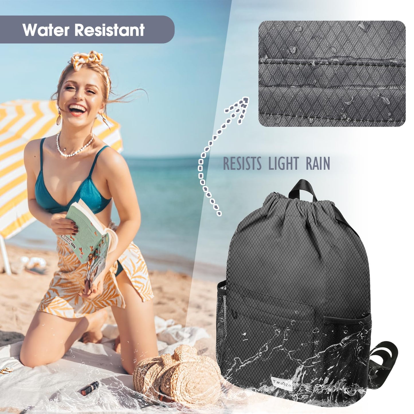 time2go Waterproof Drawstring Backpack Sports Gym Sackpack with Mesh Pockets Water-Resistant String Cinch Beach Bag for Men Women