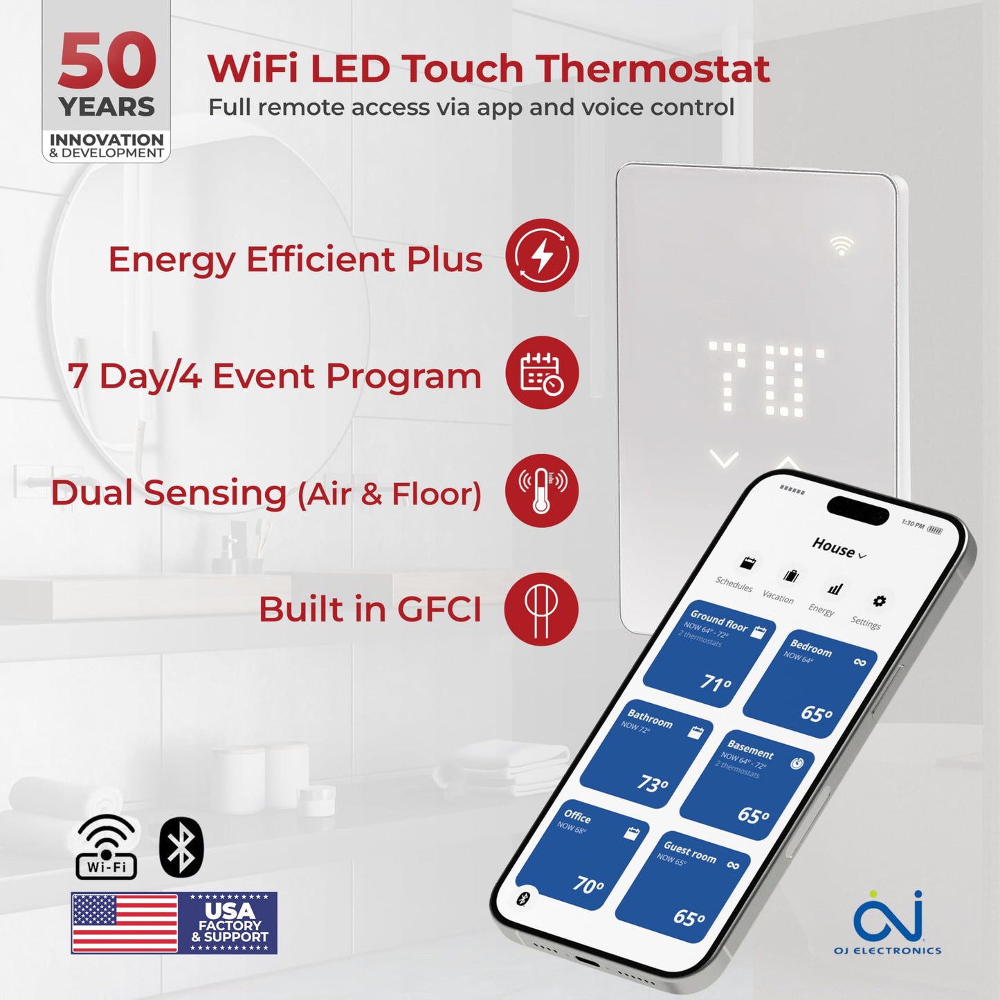 LuxHeat 90sqft Floor Heating Mat Kit - 120v In Floor Heating Mat for Tile, Laminate - Easy to Install Infloor Heat System - Includes UWG5 WiFi Programmable Thermostat w/GFCI, Alarm & Flooring Sensor
