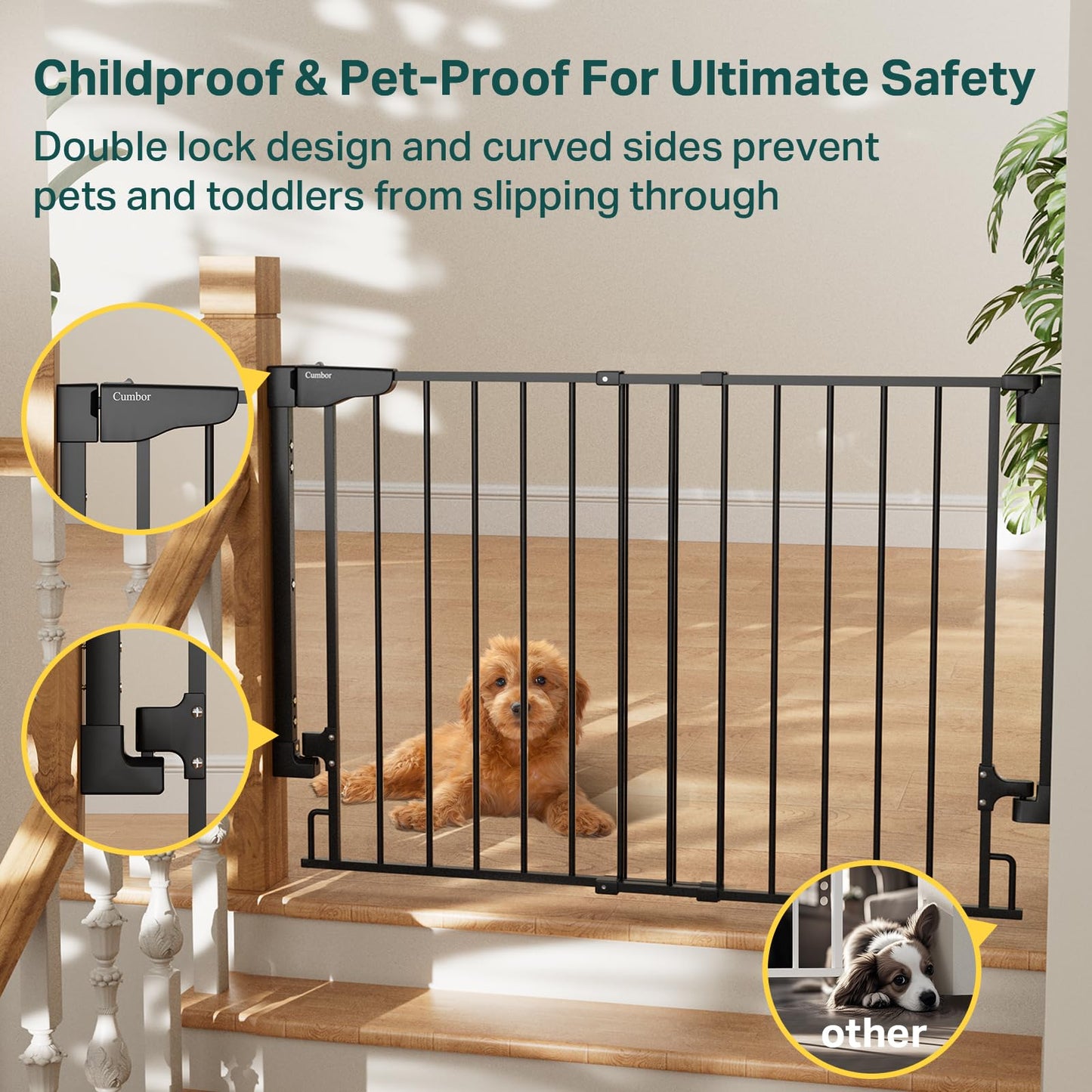 Cumbor 29.2–43" Baby Gate for Stairs, Hardware Mounted (Drill Required), Expandable No Bottom Bar Dog Gate, Auto Close Extra Wide Walk Thru, Pet & Toddler Proof Gate, Top & Bottom of Stairways(Black)