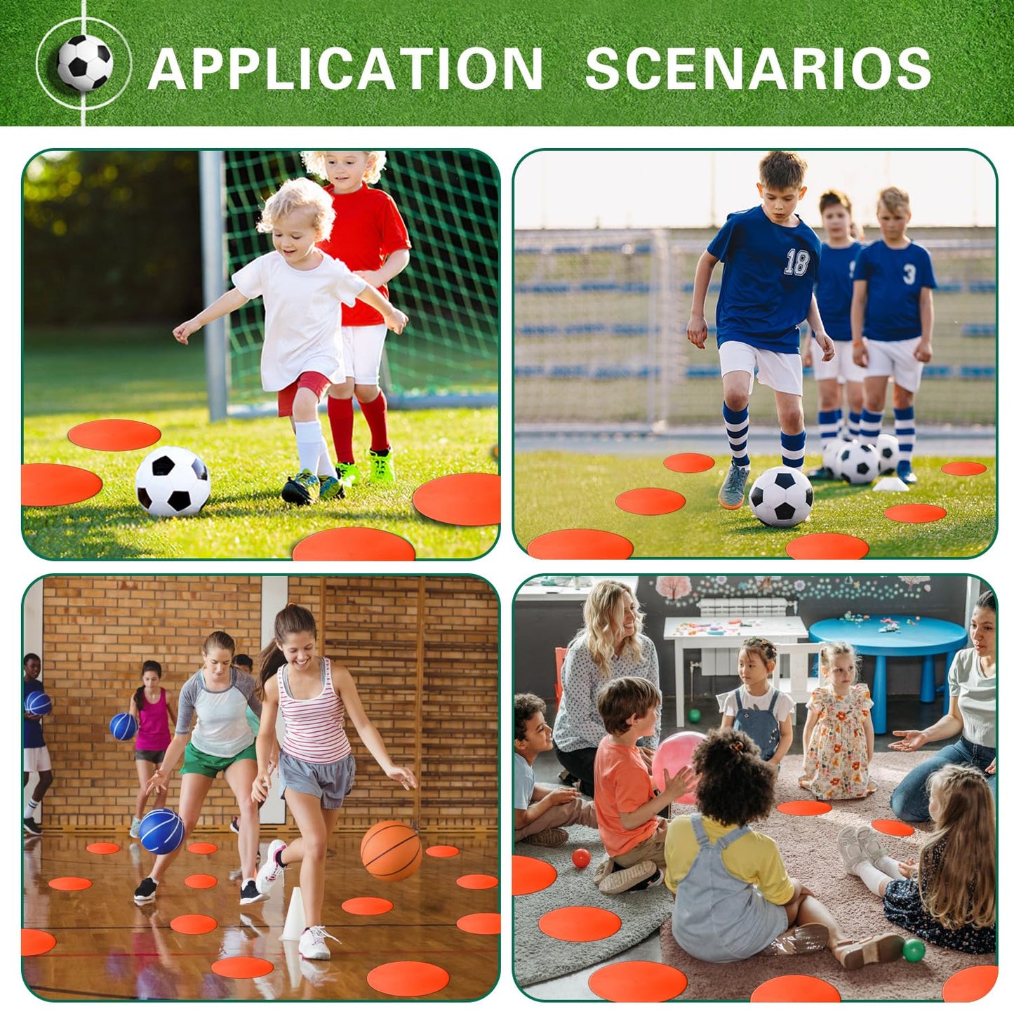 PIKZH Poly Spot Markers 4.73 inch 24 Pcs Non-Slip Rubber Agility Training Markers Floor Dots Flat Field Cones for Football Soccer Basketball School Exercise Drills, Gym Dance Practice TPE Orange Red
