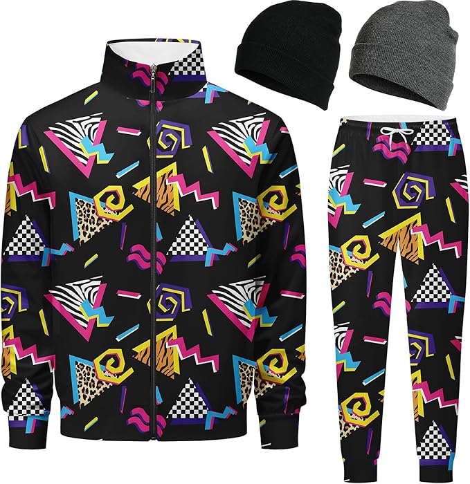 DOOPCCOR Men Track Suits Sets 80s outfit for men tracksuits sweatsuits 2 Piece sets Zip Casual Jogging 2 Knit Beanie