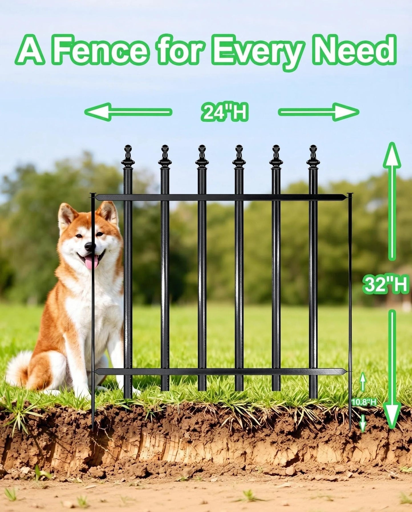 10-Panel Strong Dog Fence, 32in H x 24ft L, Thickened Hollow Iron Tubes, High-Density Metal Barrier for Yard, No Dig Temporary Fencing