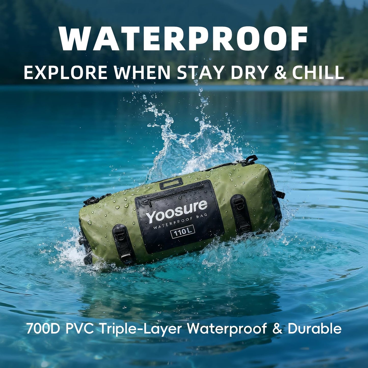 YOOSURE Waterproof Duffel Bag 110L - Marine Dry Bag with 700D PVC & Airtight Zipper, Extra Large Duffle Bag for Camping, Rafting, Kayaking, Boating, Car Roof Storage (Green)