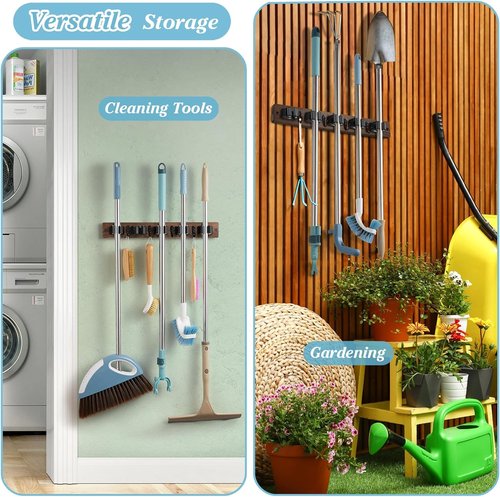 Brown Broom Holder Wall Mount - Heavy-Duty Wood Mop & Broom Organizer with 5 Slots & 4 Hooks | Rustic Tool Hanger for Laundry, Kitchen & Garage Storage