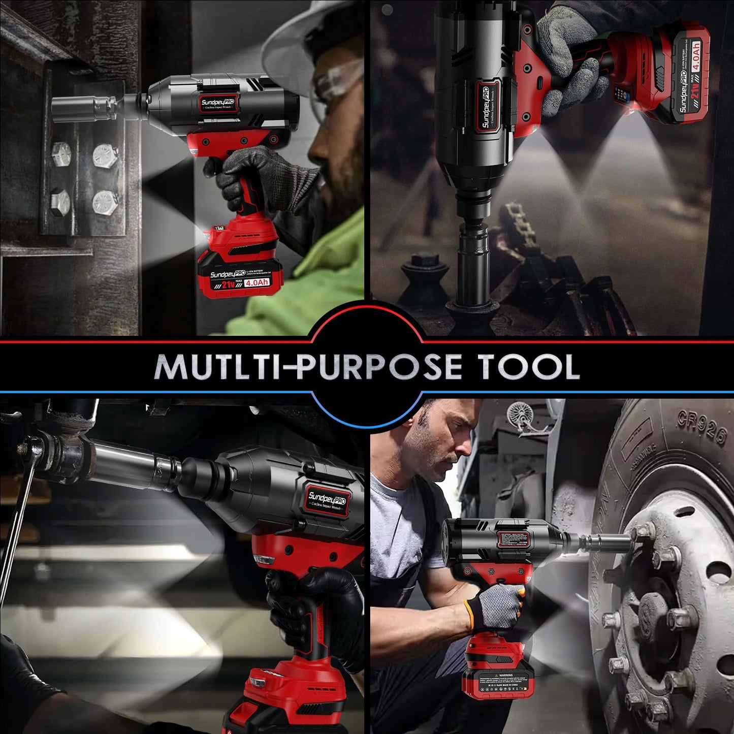 SundpeyPRO Cordless Impact Wrench 1600Ft-lbs - 2100N·m High Torque Impact Gun with 2 * 4.0Ah Battery - 3/4 Inch Brushless Impact Driver with 3/4" to 1/2" Adapter & 5 Sockets & Case for Car Truck Home