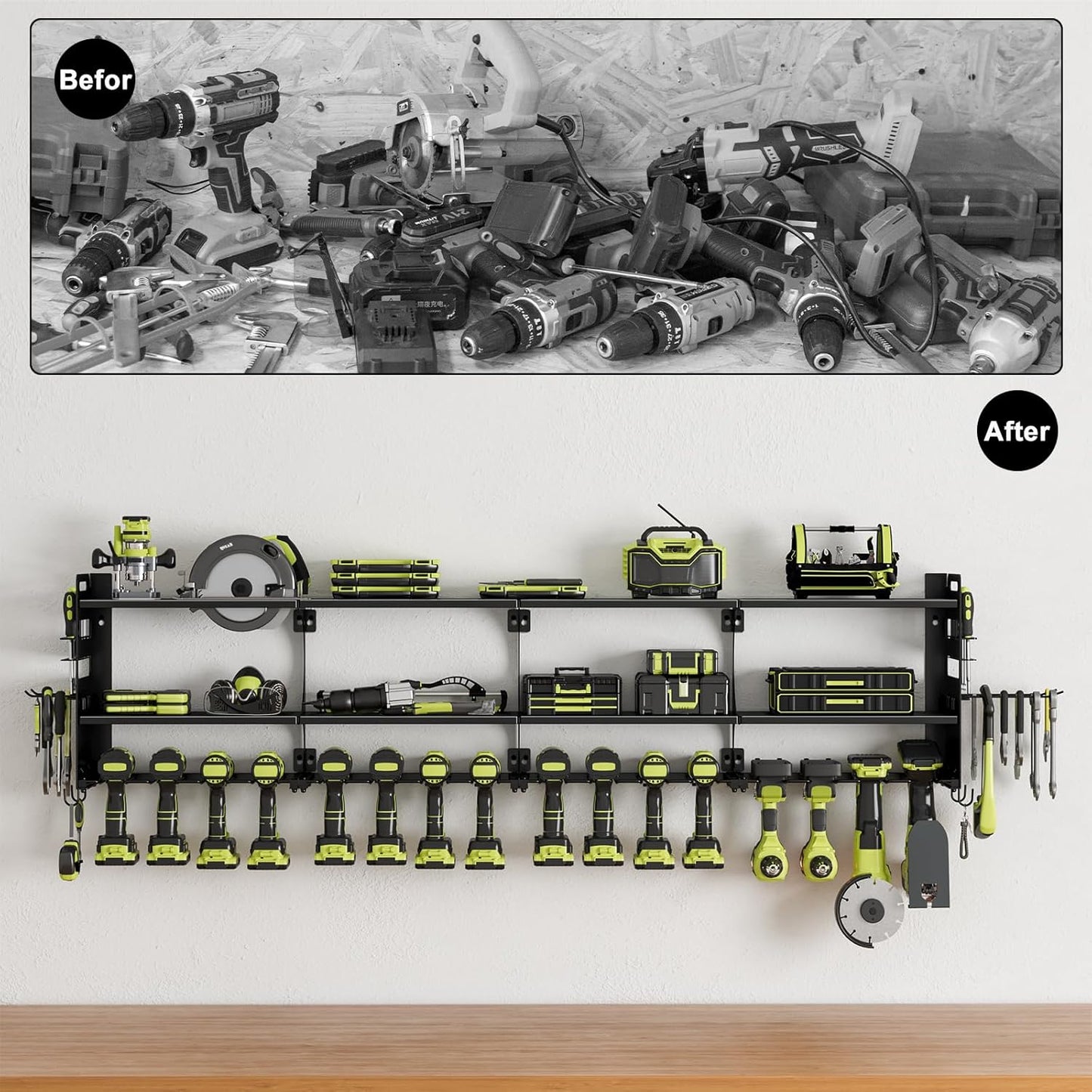 Power Tool Organizer by [Brand Name] - 16 Slots, 3-Tier Wall Mount for Garage & Workshop - Black