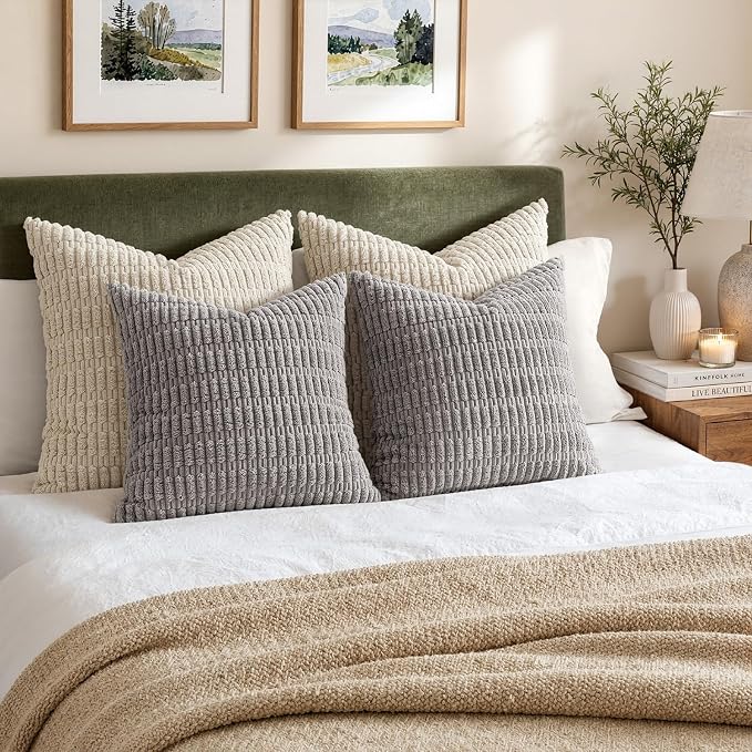 MIULEE Pack of 2 Corduroy Decorative Throw Pillow Covers 16x16 Inch Soft Boho Striped Pillow Covers Modern Farmhouse Home Decor for Sofa Living Room Couch Bed Light Grey