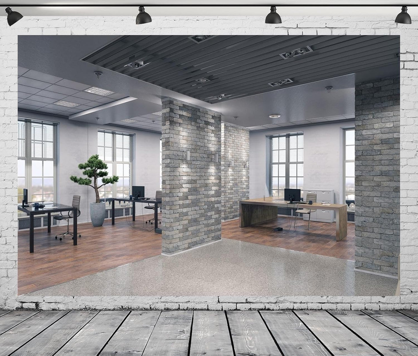 BELECO 7x5ft Fabric Modern Office Backdrop for Video Conference - Elegant Business Interior Brick Wall Windows Virtual