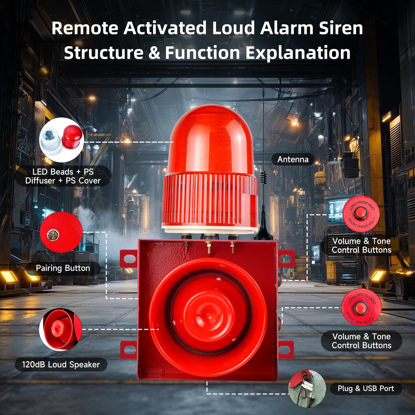 Y DIANS S Outdoor Alarm Siren Wireless Adjustable Volume and Tone IP65 Strobe Light Emergency Security Sirens with 120dB Horn 1.24mile Control for Building Industry Warehouse AC110-120V SLA-01HY-2000