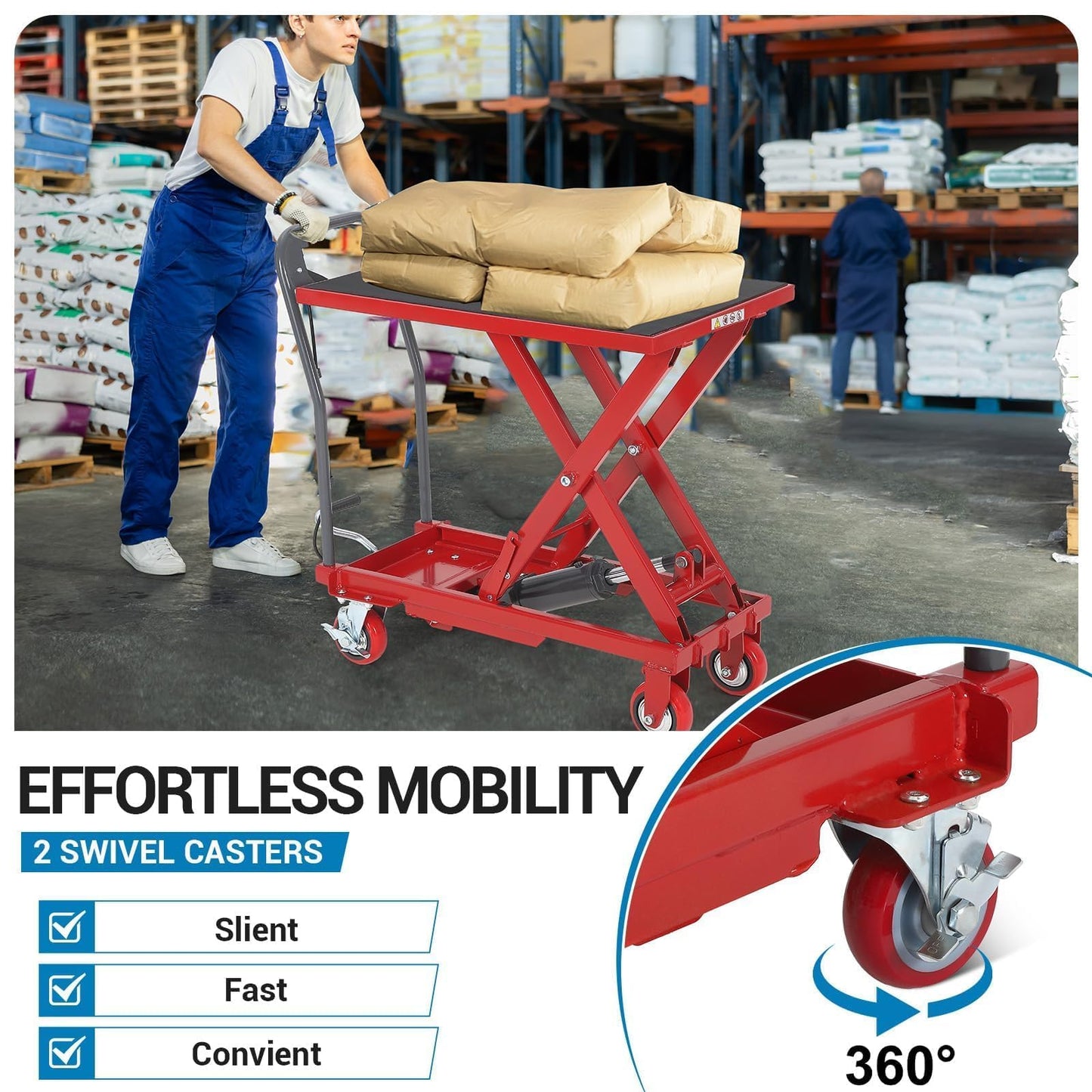 Garvee Hydraulic Lift Table Cart, 330 LBS Capacity 28.5 in Lifting Height, Single Scissor Lift Table with 4 Wheels and Non-Slip Pad for Material Handling and Transportation, Red