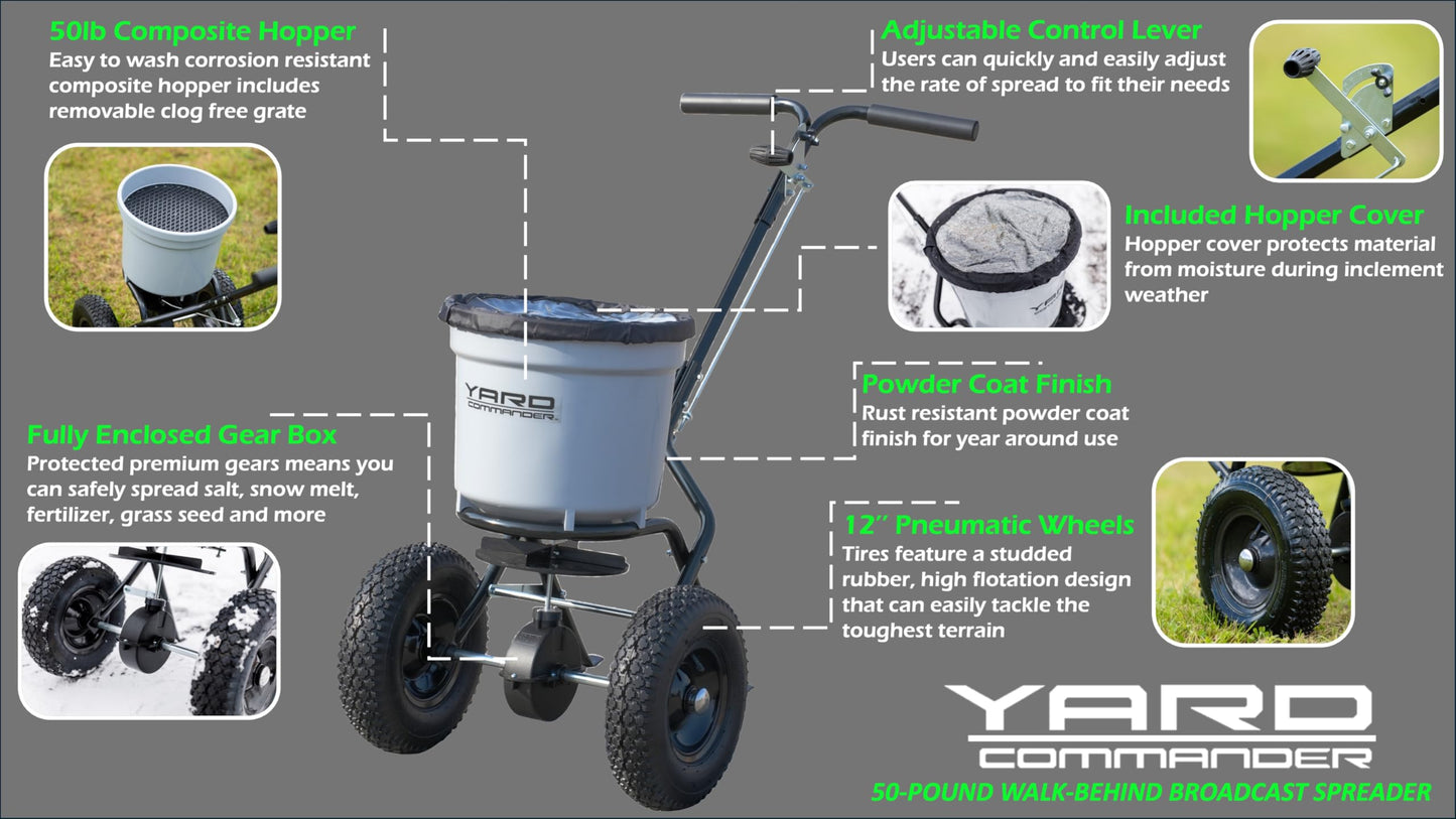 Yard Commander - Commercial 50 LB Walk-Behind Push Broadcast Spreader - 10-12 Foot Spread - Fertilizer, Ice Melt & Grass Seed - Clog Free Design - Fully Enclosed Gear Box - Adjustable Drop Rate