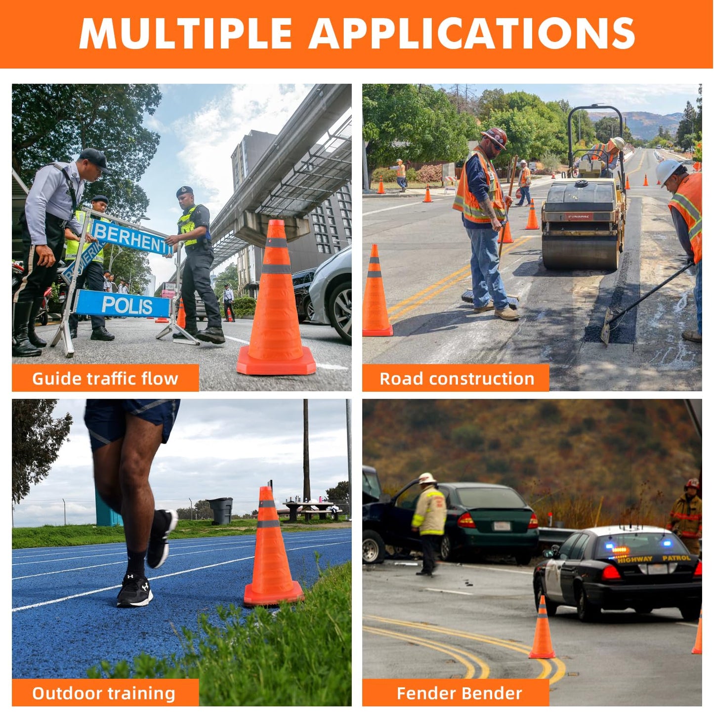 Jade Butterfly 28 Inch 4 Pack Collapsible Traffic Safety Cones, Orange Cones with Reflective Collar, Portable Multipurpose Traffic Cones for Parking Construction Driving Training Sports Practice