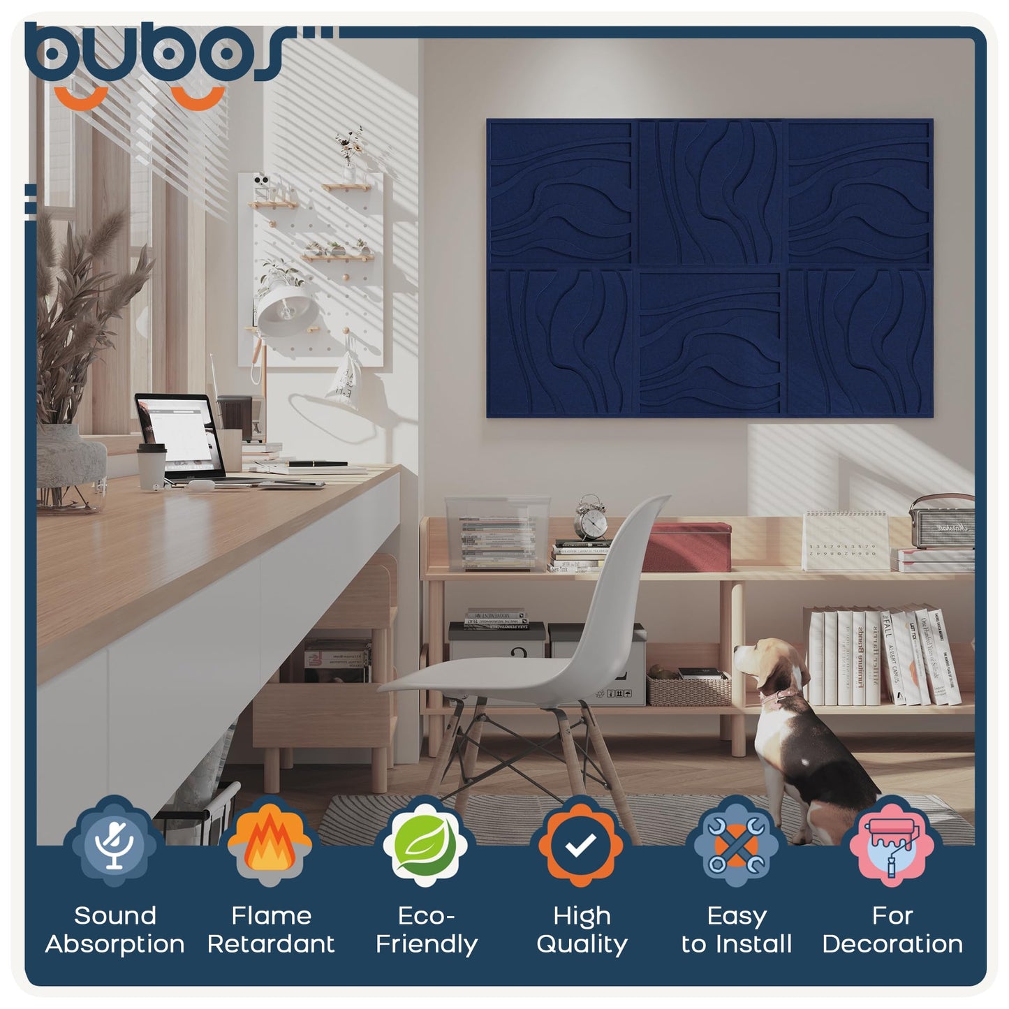 BUBOS Art Acoustic Wall Panels 6 Pack - 23.6"x23.6" Self-Adhesive Sound Proof Panels, Decorative Sound Absorbing Panels for OFffice, Home Theater & Studio Recording Equipment, Navy Blue