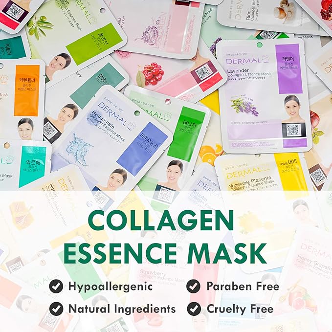 DERMAL Korean Collagen Face Mask ??Hydrating & Soothing Sheet Mask with Panthenol ??Hypoallergenic Calming Moisture Care for All Skin Types ??16 Combo Pack B