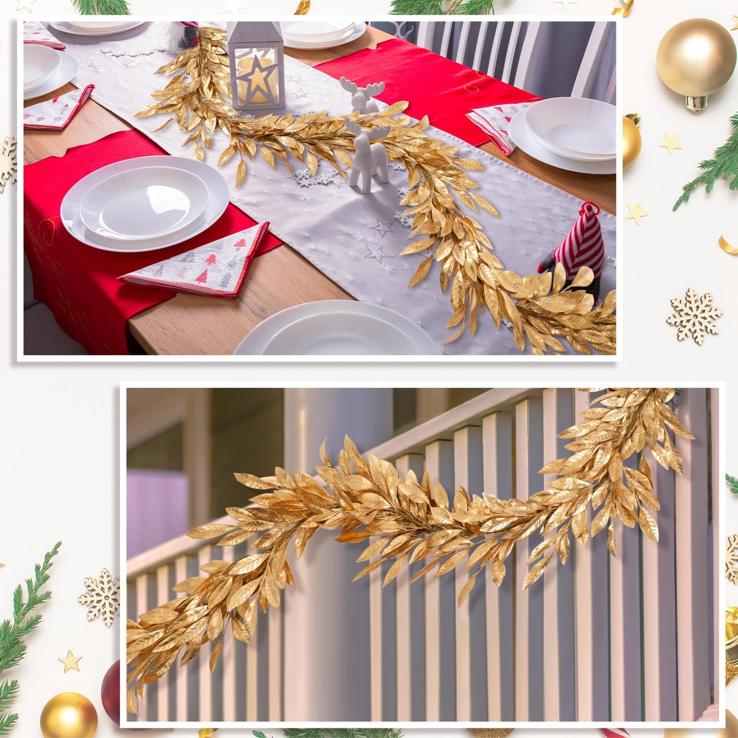 Jutom 9 Ft Gold Christmas Bay Leaf Garland Decoration Gold Bayleaf Garland for Christmas Fireplace Front Door Stairs Decoration Xmas Holiday Winter Engagement Birthday Wedding Supplies