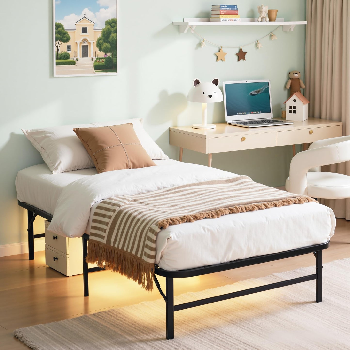 VECELO No Tools Required Metal Folding Bed Frame - 14 Inch Heavy Duty Platform Base, 660lbs Max Support, Twin Size Jet Black, Ideal for Small Apartments & Guest Rooms