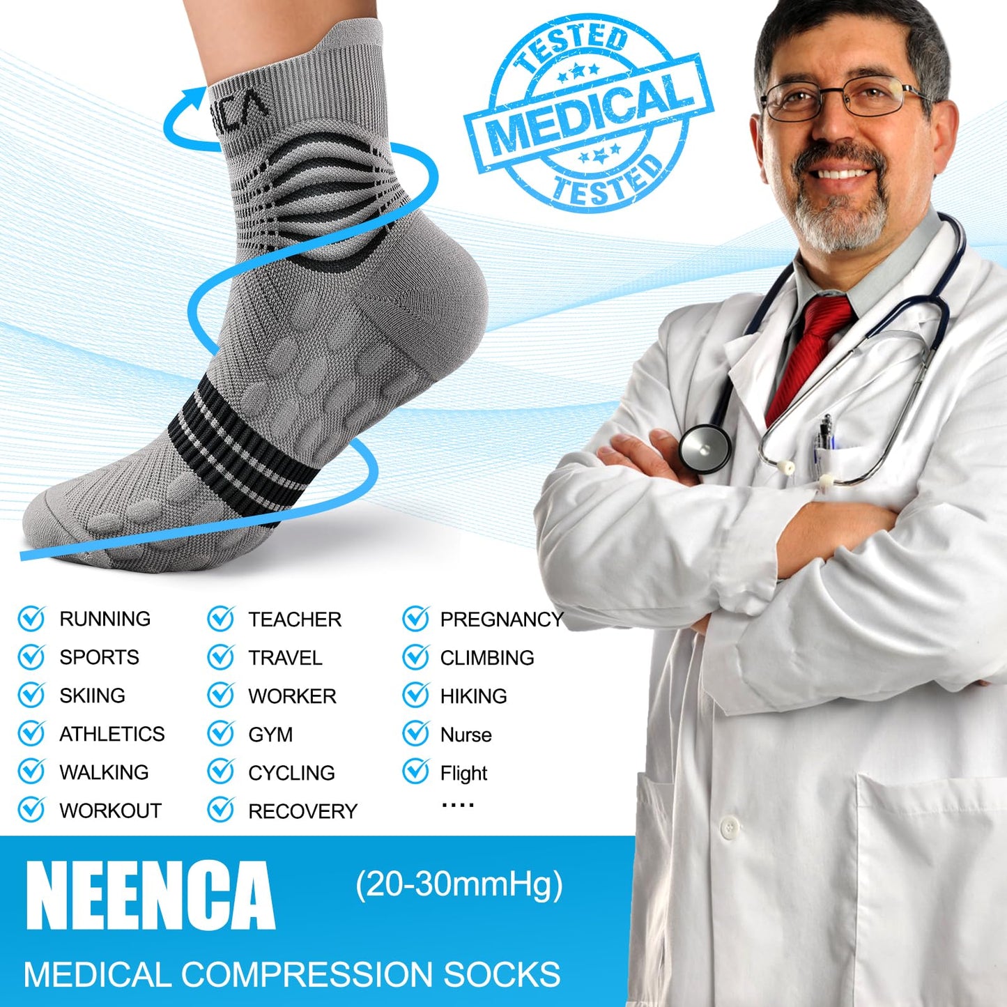 NEENCA Professional Compression Socks, Medical Ankle Socks with Patented Massage Dots for Pain Relief, Plantar Fasciitis, Women/Men Circulation, Swelling, Travel, Sports Protection. 1 Pair, 20-30 mmHg