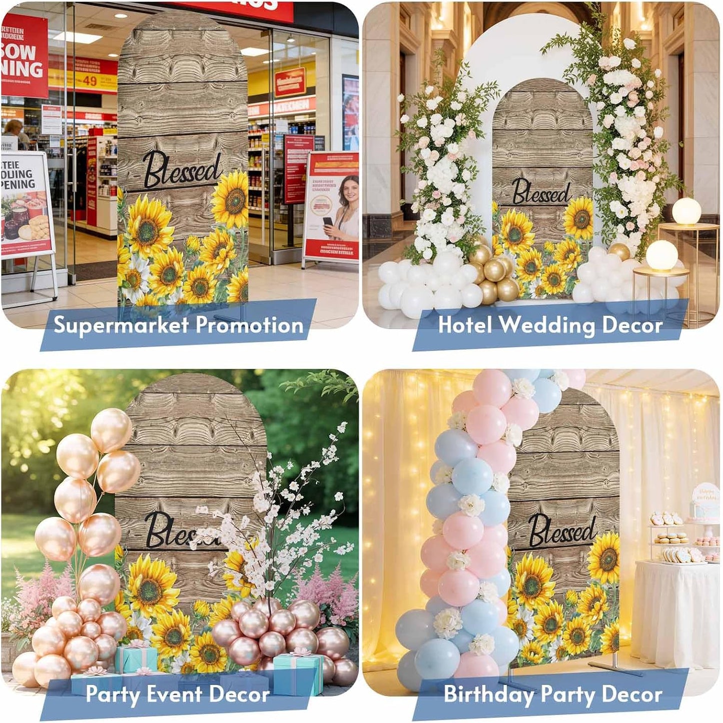 Jnbasdffb 7.2 Country Yellow Sunflowers Wedding Arch Cover,Stretchy Spandex Arch Backdrop Stand Covers FT,Vintage Wood