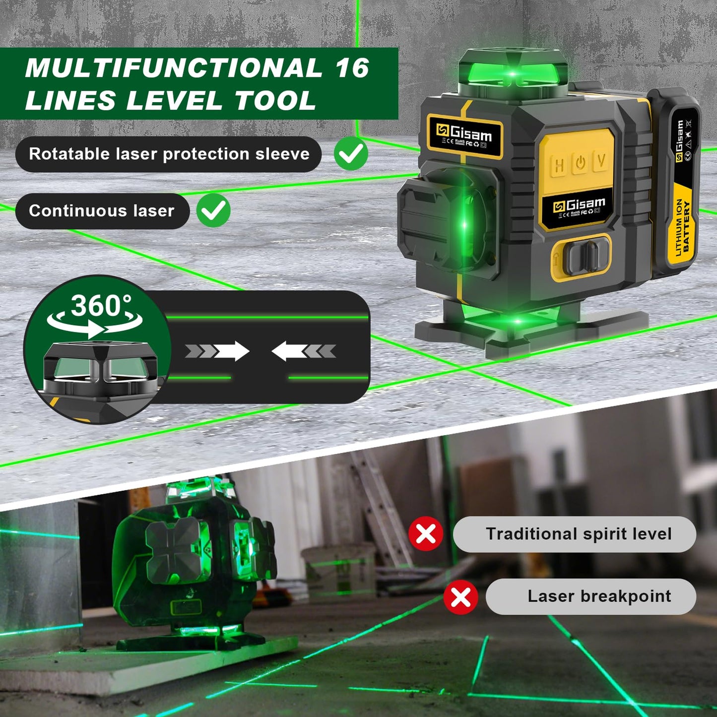 Gisam Laser Level with Tripod- 360° Rotating Window, Lazer Leveler Tool with Pulse Mode, 4D 16-Line Self Leveling Green Lazer Level with 2 * 4800mAh Batteries for Construction Tiling Home Renovation