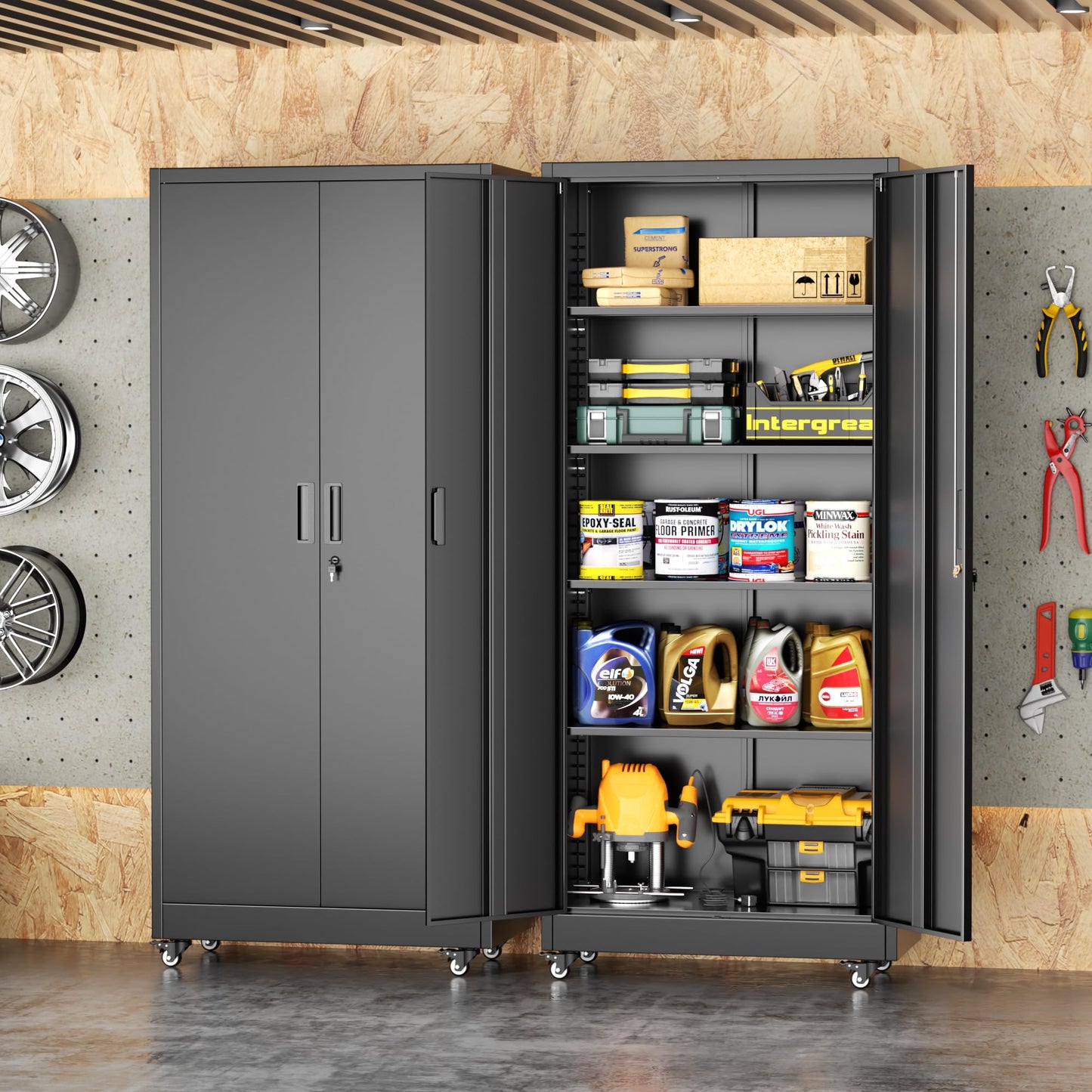 INTERGREAT Metal Garage Storage Cabinet with Wheels, Rolling Storage Cabinet with Locking Doors and 4 Adjustable Shelves,- 73" Steel Tool Cabinet for Home Office,Garage,Warehouse，Black