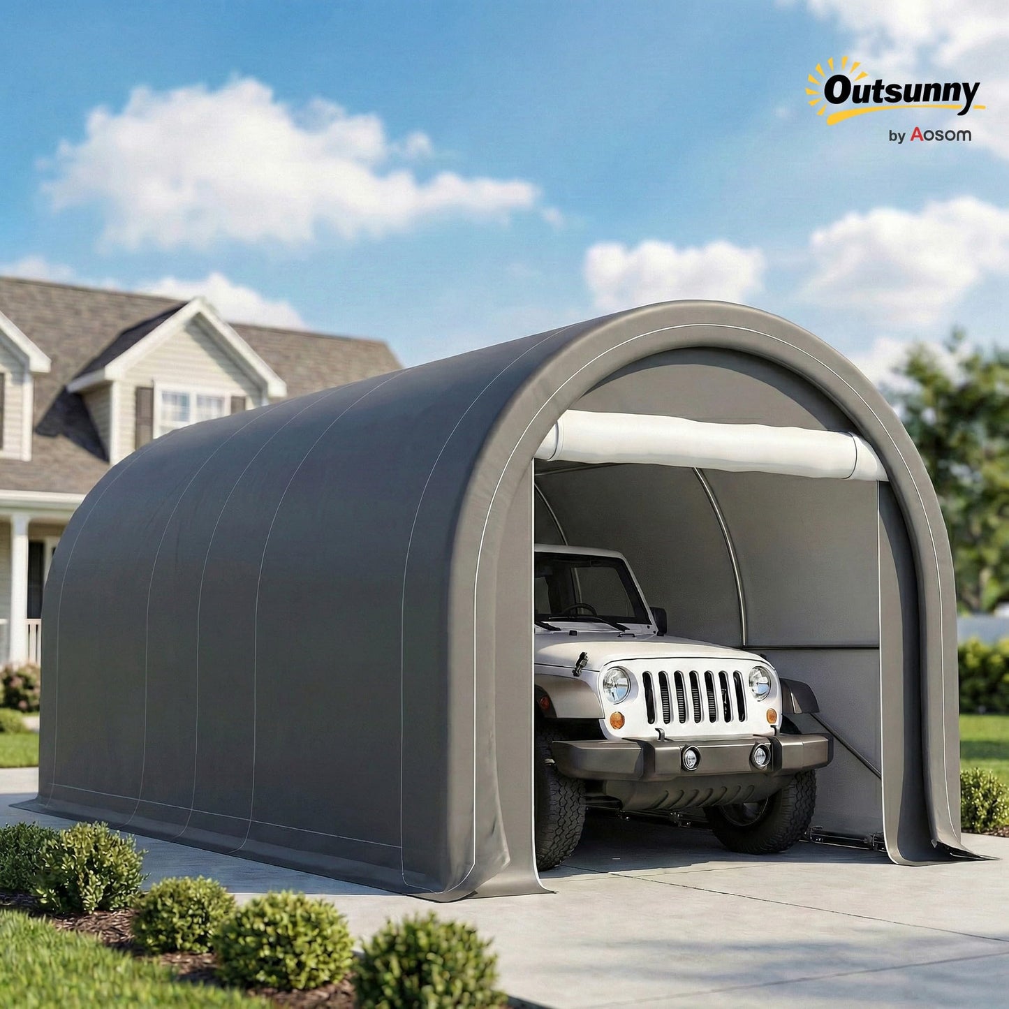 Outsunny 10' x 16' Carport, Heavy Duty Portable Garage Storage Tent with Large Zippered Door, Anti-UV PE Canopy Cover for Car, Truck, Boat, Motorcycle, Bike, Garden Tools, Outdoor Work, Gray