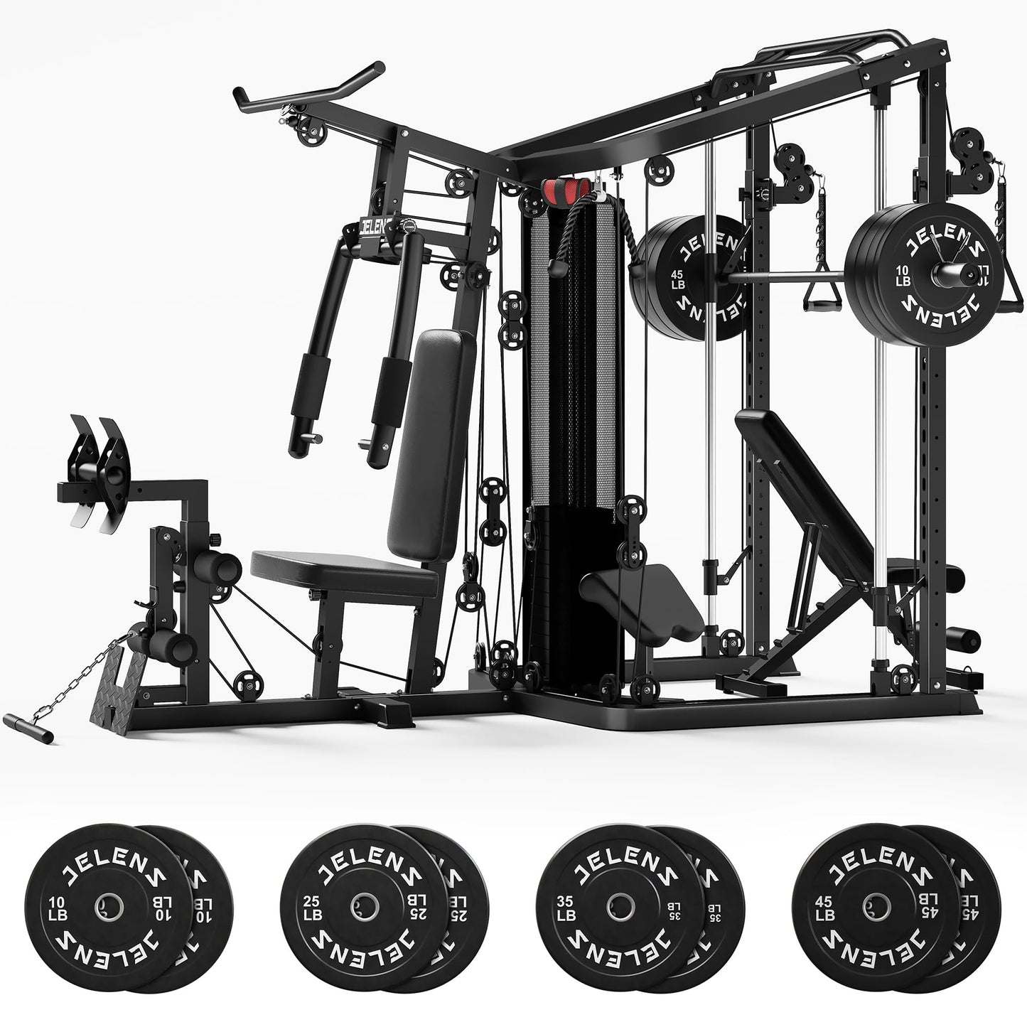 JELENS Home Gym System, 150LB Weight Stack Smith Machine with LAT Pull-Down & Leg Press, All-in-One Strength Training Equipment, Workout Station for Workout (Black, 230LBS Black Weights Package)