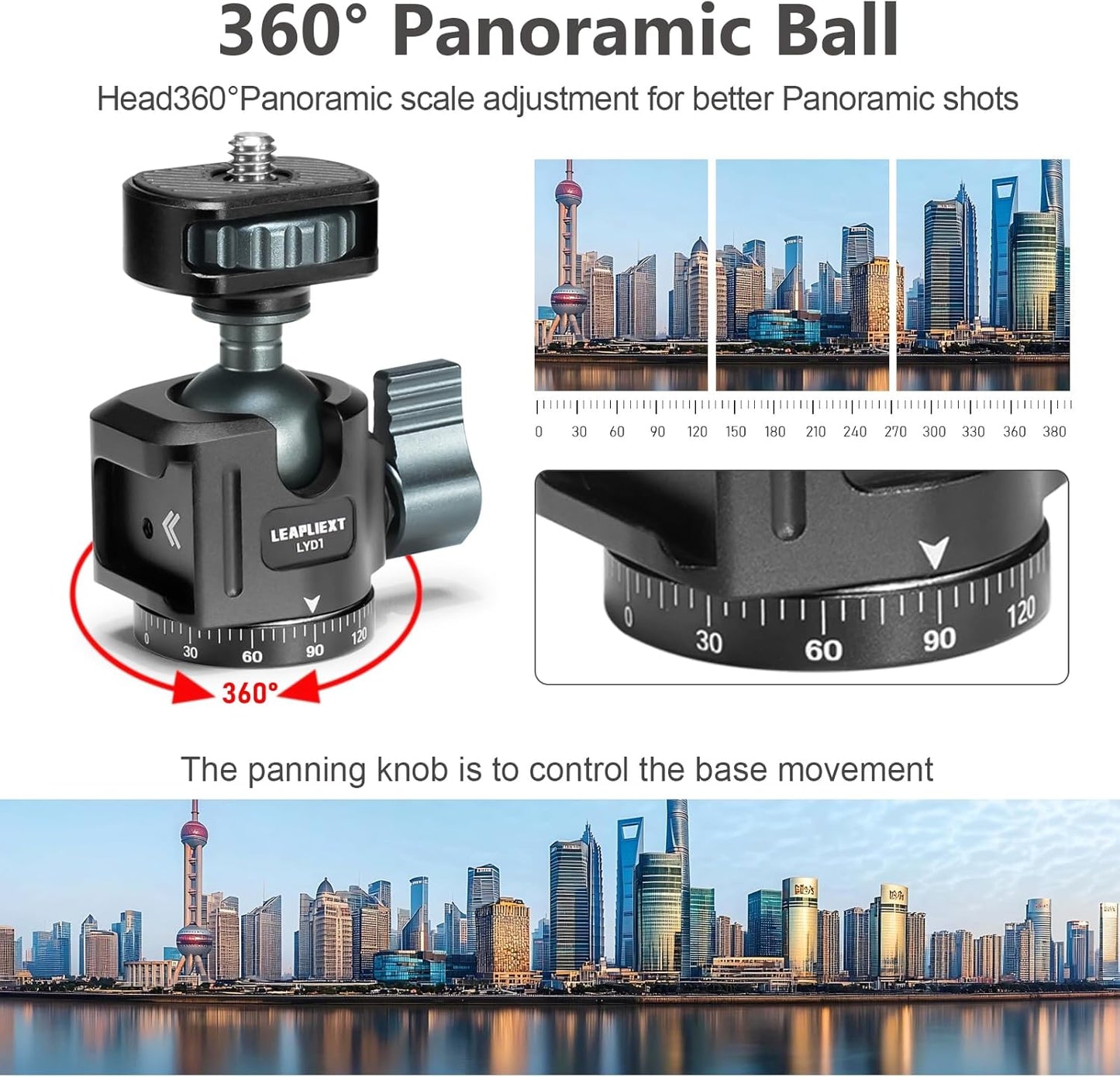 LEAPLIEXT 360 1/4-inch 2.5kg/5.5 lbs Tripod Metal Ball Head, Panoramic Rotating Base Adapter, with Screw and Cold Shoe
