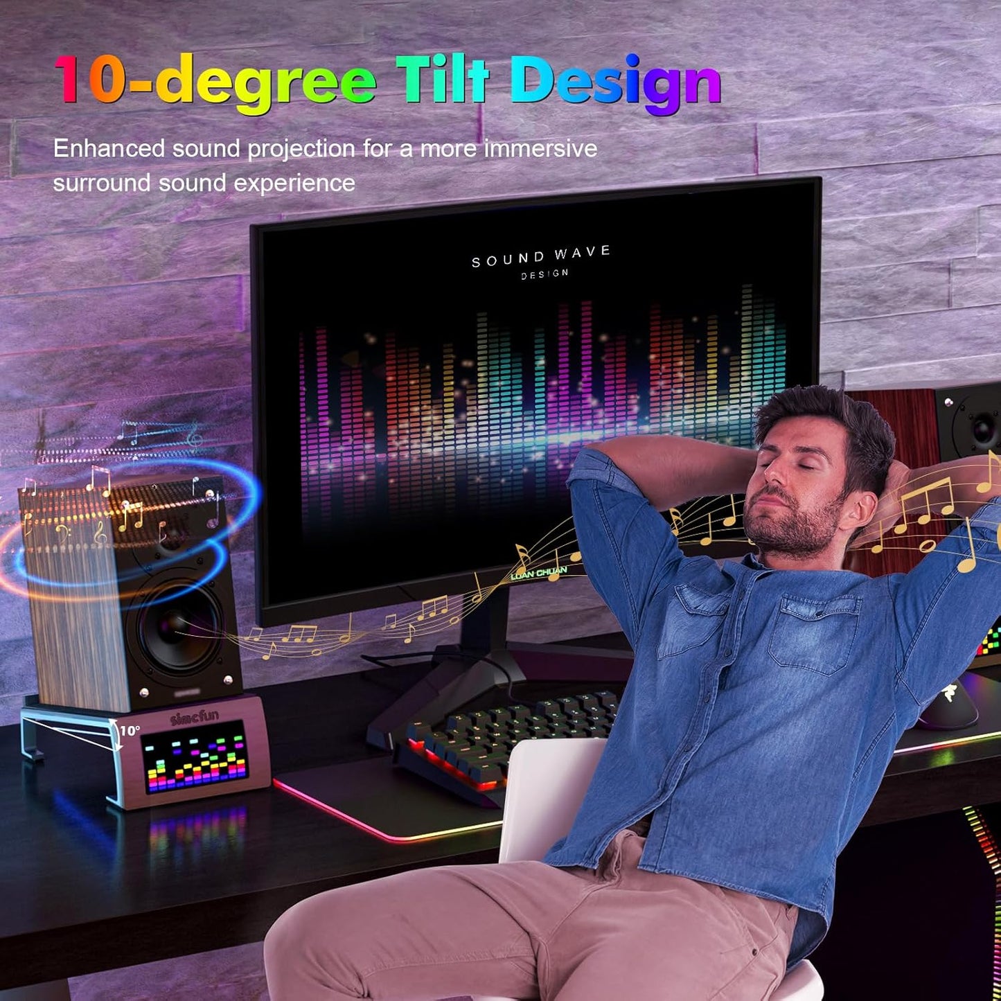 SIMCFUN Desktop RGB Tilt Speaker Stands with Dynamic LED Spectrum Analyzer-Vibration Absorption Pad-Small and Medium
