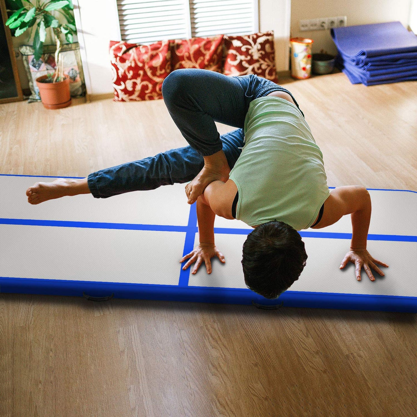 EZ GLAM 10ft/13ft/16ft/20ft Air Mat Tumble Track Inflatable Gymnastics Tumbling Track Mat with Electric Air Pump for Cheerleading/Practice/Beach/Park/Home use