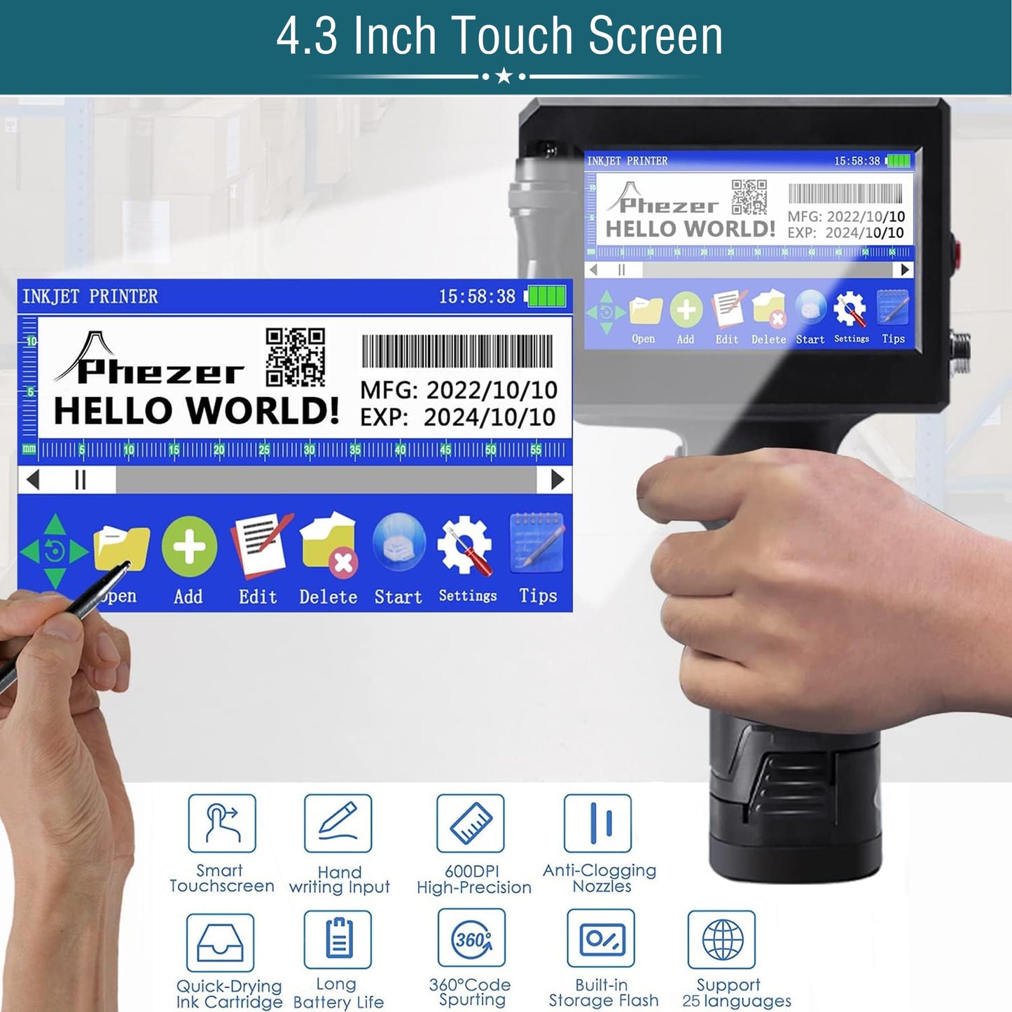 Handheld Inkjet Printer P15 with Adjustable Holder Stand and Sensor for Automatic Print, with Solvent 0.5 Inch Nozzle Ink Cartridge, for QRCode Barcode Production Date Time Logo Batch Number Print