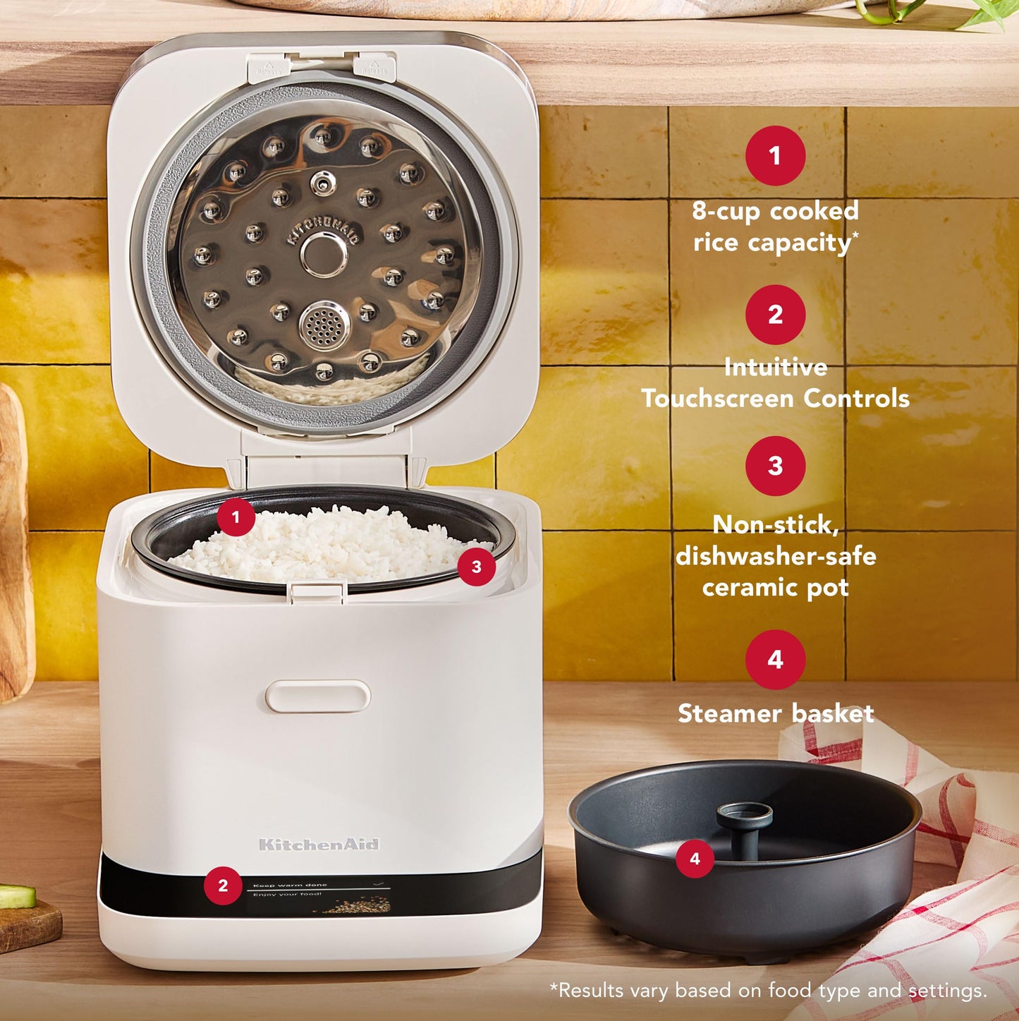 KitchenAid Compact 8 Cup (1.9 Liter) Grain and Rice Cooker with Automatic Sensing and Integrated Scale, KGC2154, Porcelain White