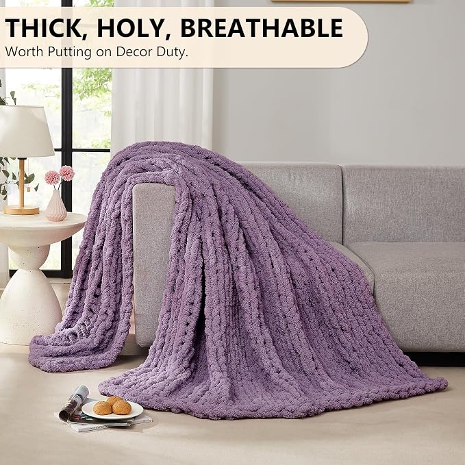 L'AGRATY Chunky Knit Blanket Throw: 50''x60'' Chenille Chunky Knitted Throw Blankets for Bed Couch - Handmade Thick Big Cable Knit Blanket - Large Crochet Rope Blankets for Home Decor(Deep Purple)