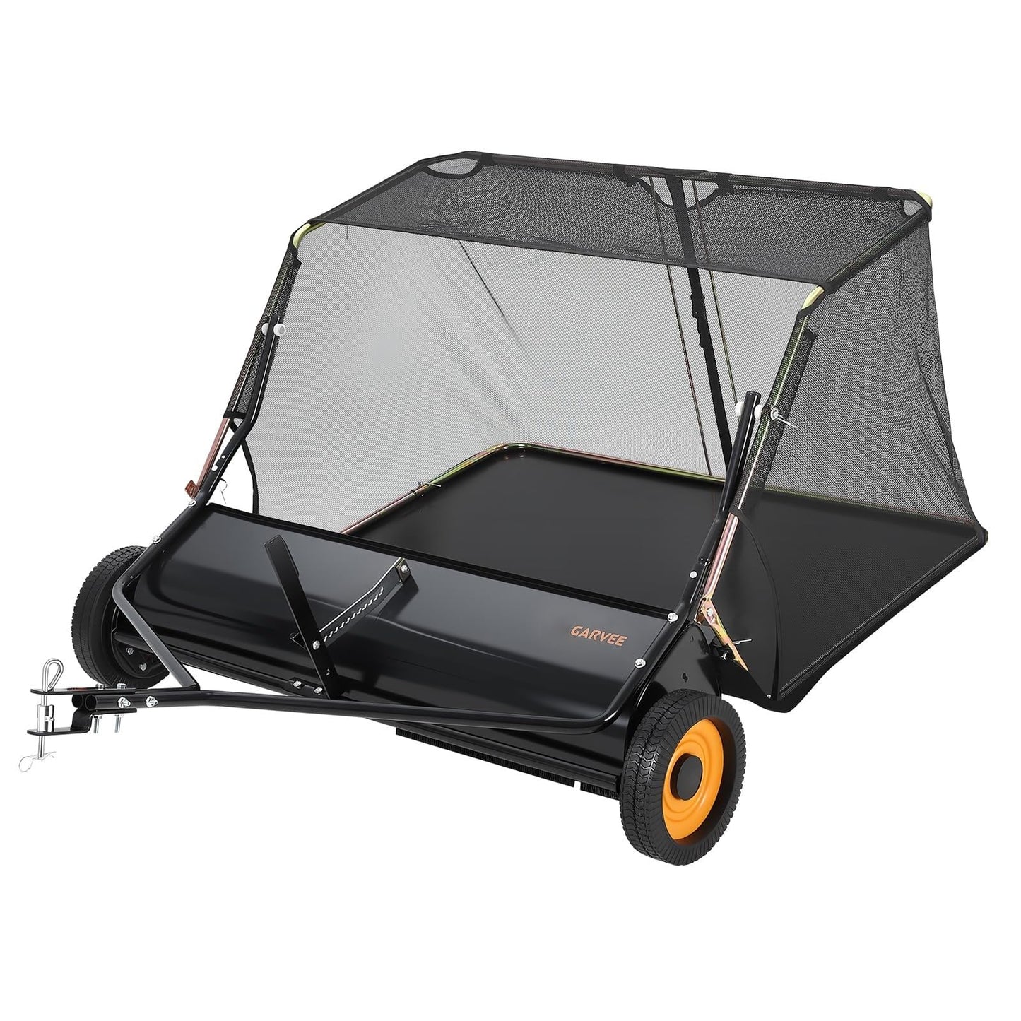 GarveeHome 44 Inch Tow Behind Lawn Sweeper, 26 cu. ft Large Pull Behind Grass Sweeper, Heavy Duty Leaf & Grass Collector with Dumping Rope Design, Adjustable Sweeping Height for Yard, Farm, Garden