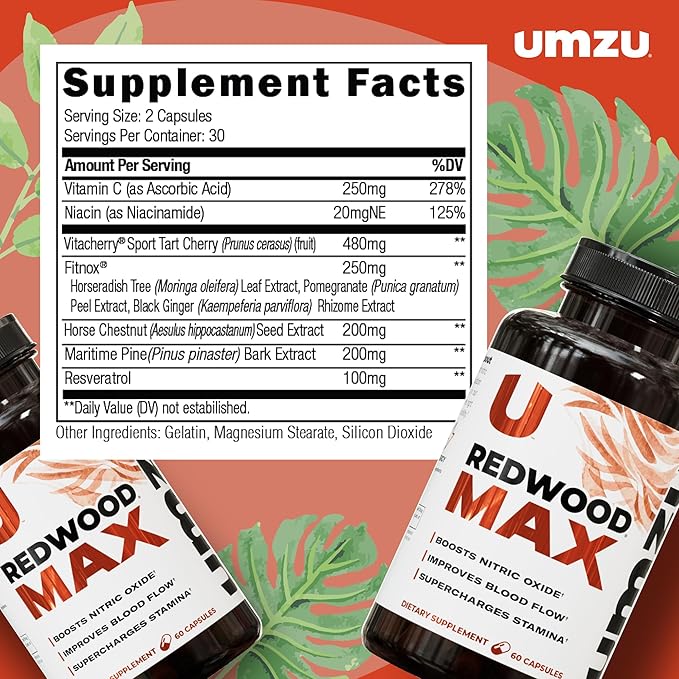 UMZU Redwood Max Nitric Oxide Booster, 1-Month Supply ??Advanced Nitric Oxide Supplement with Fitnox Blend, Pine Bark, Resveratrol & Tart Cherry ??Promotes Healthy Circulation, Energy and Recovery